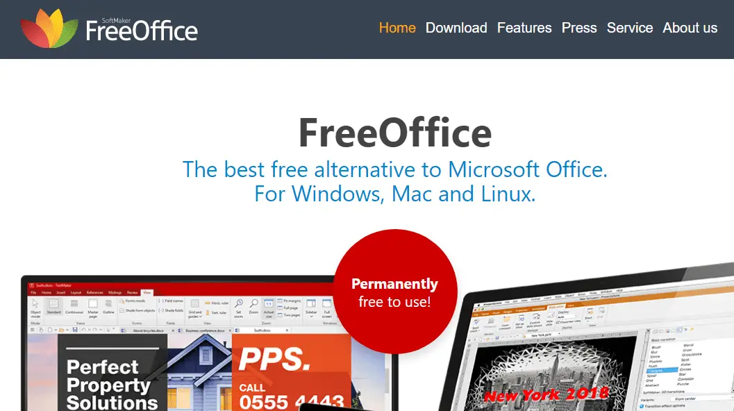 Skärmdump av SoftMaker FreeOffice-webbplatsen