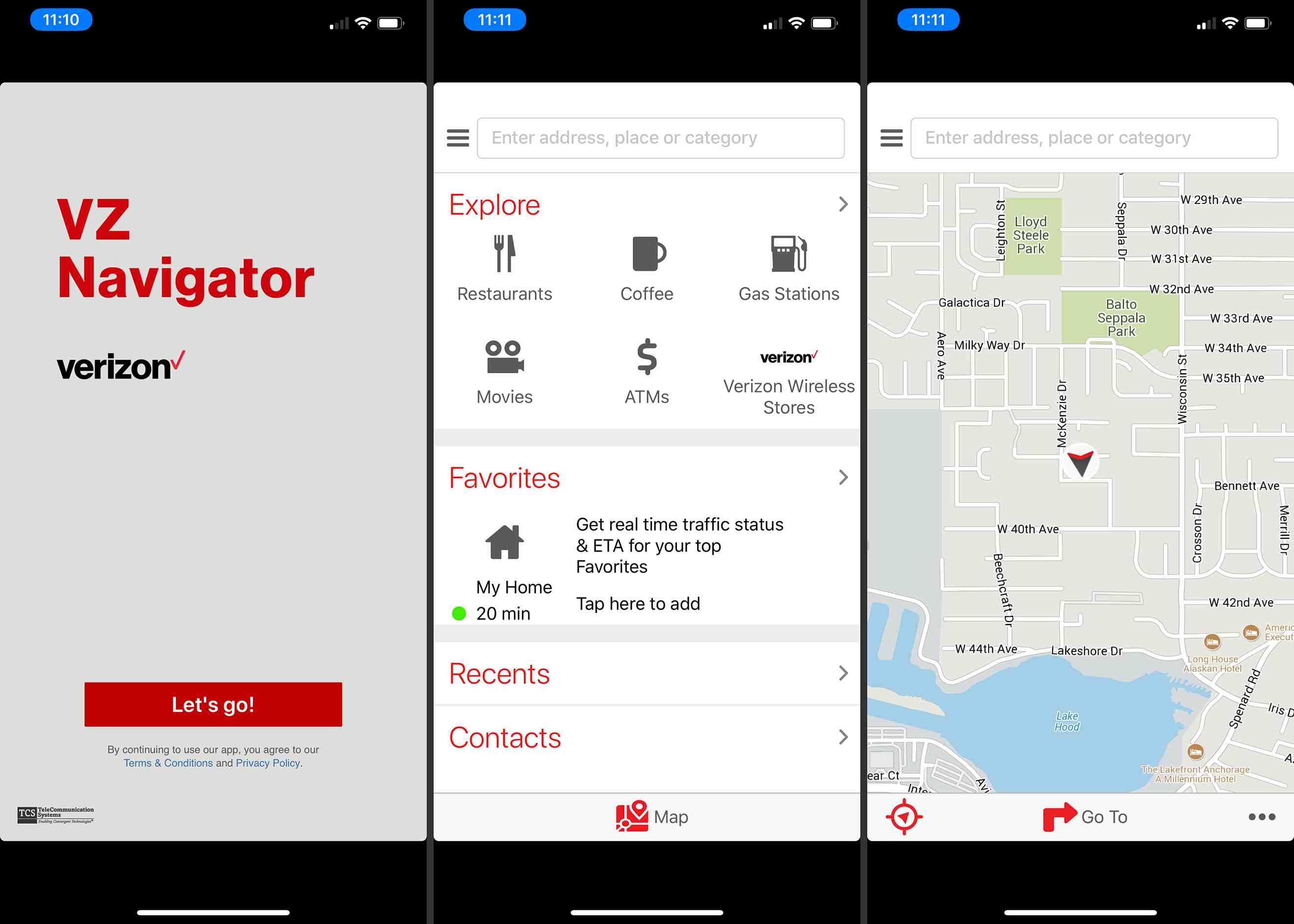 Tre VZ Navigator-skärmar från iOS