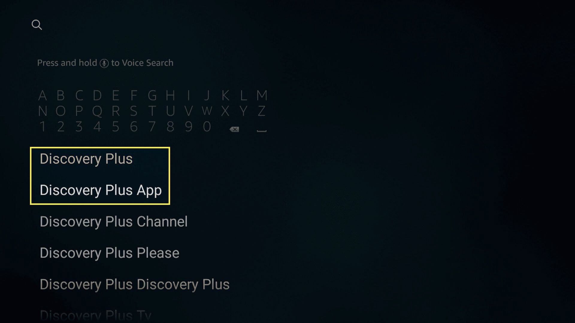 Söker efter Discovery Plus i Amazon Fire TV-sökfunktionen.
