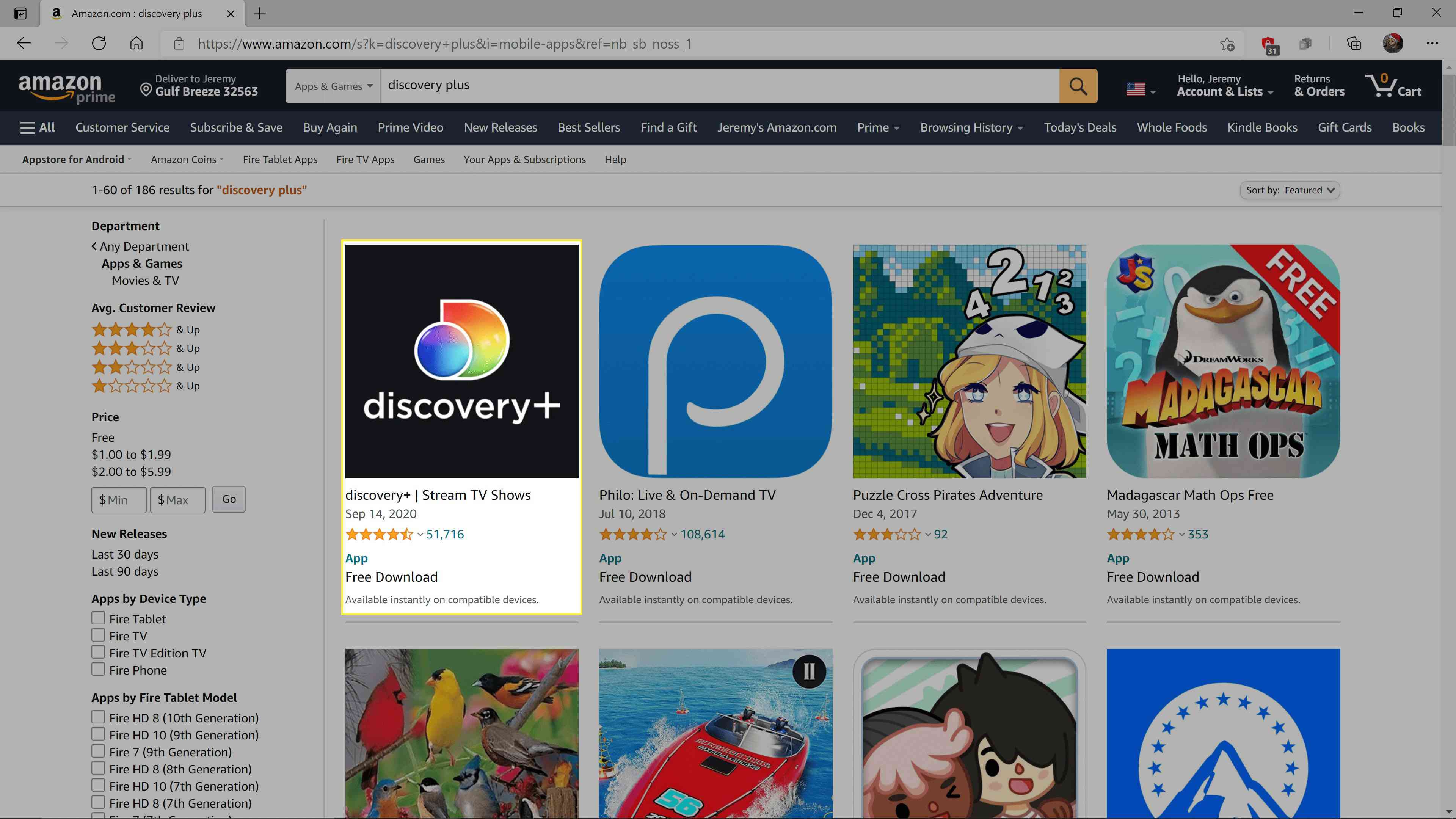 Discovery + markerad i Amazon-sökresultaten för appar och spel.
