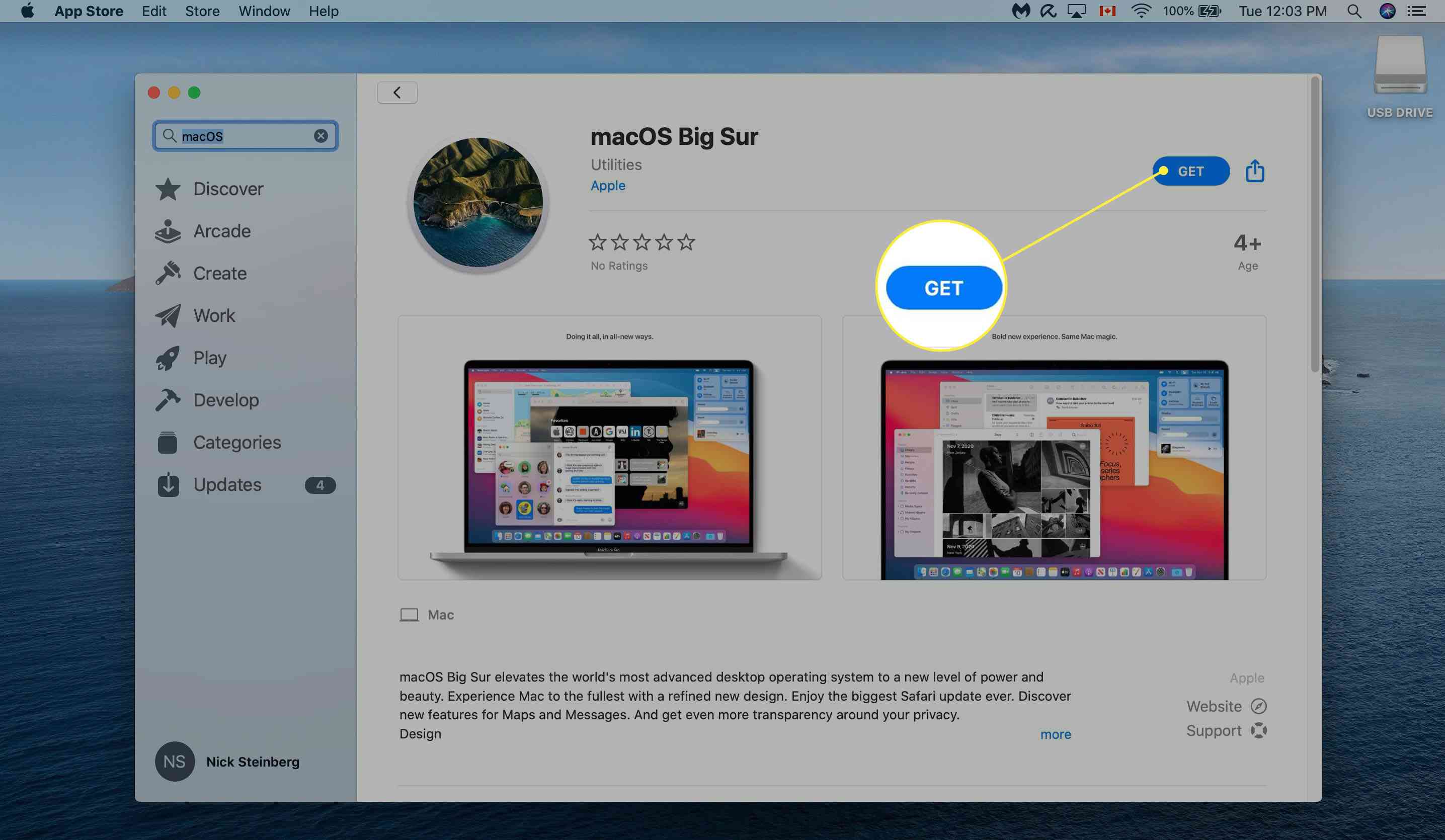 Hämtar MacOS Big Sur från App Store.