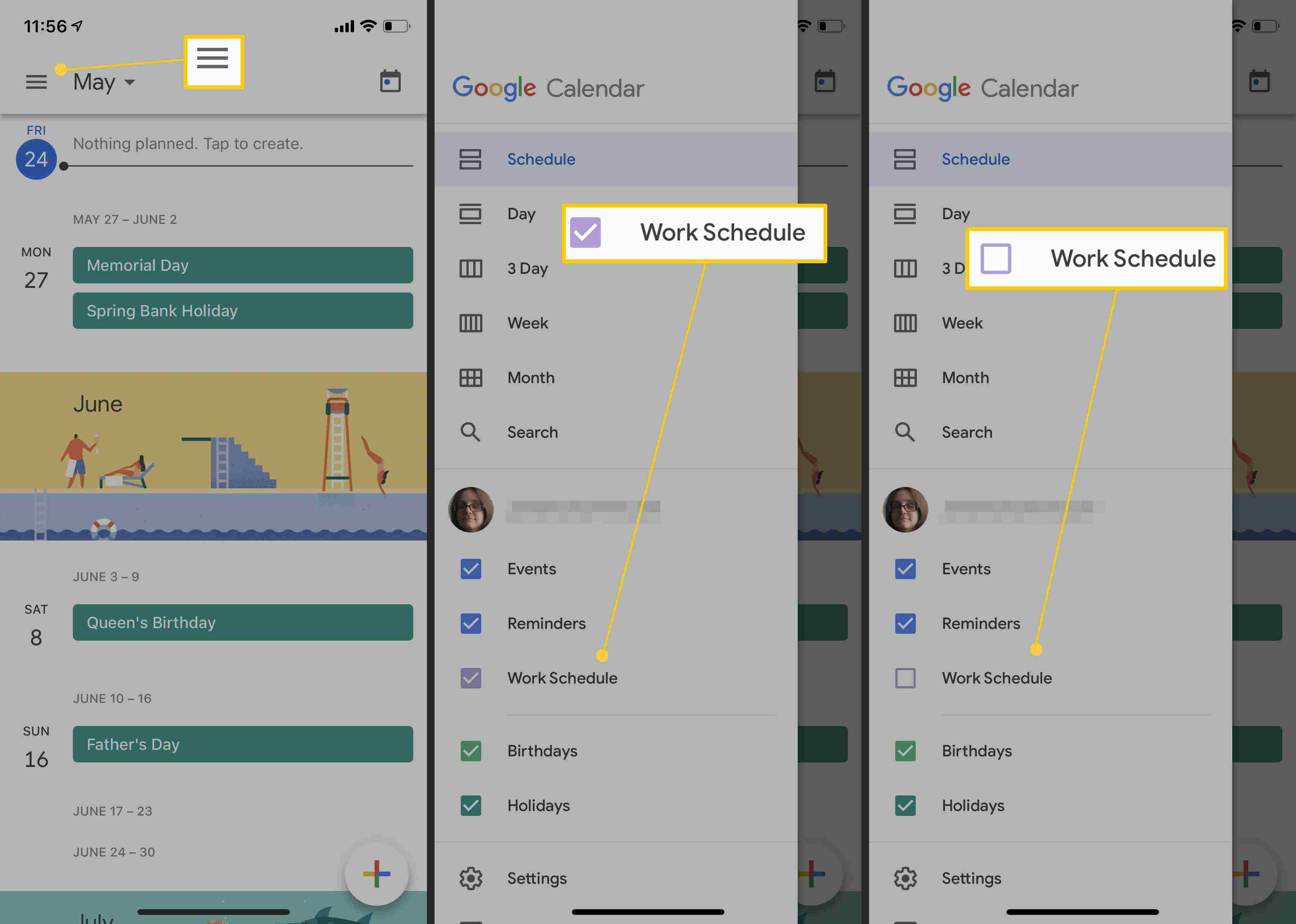 Google Kalender-appen och hur man döljer kalendrar