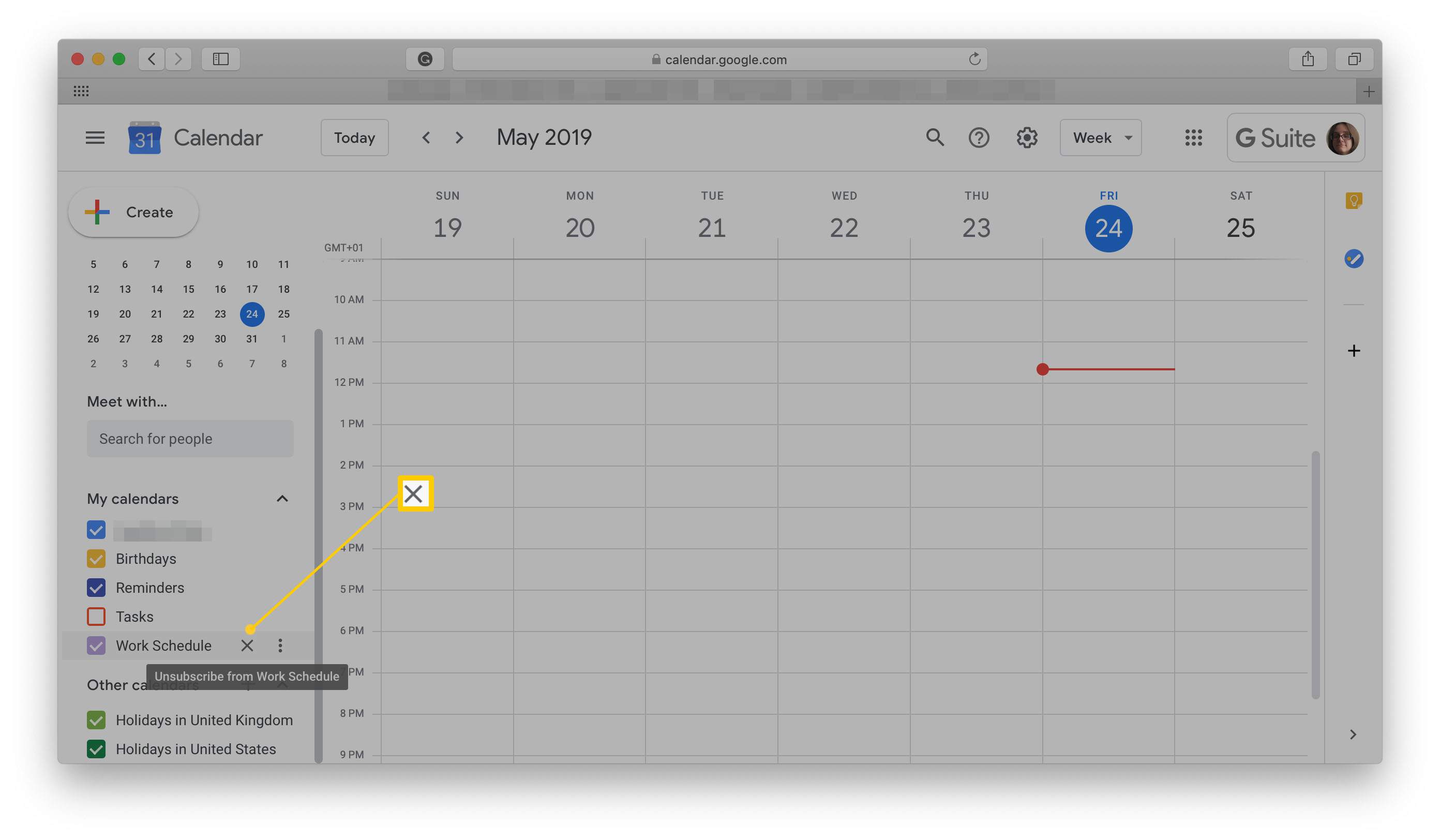 Google Kalender-skärm som markerar avanmälan från en kalender