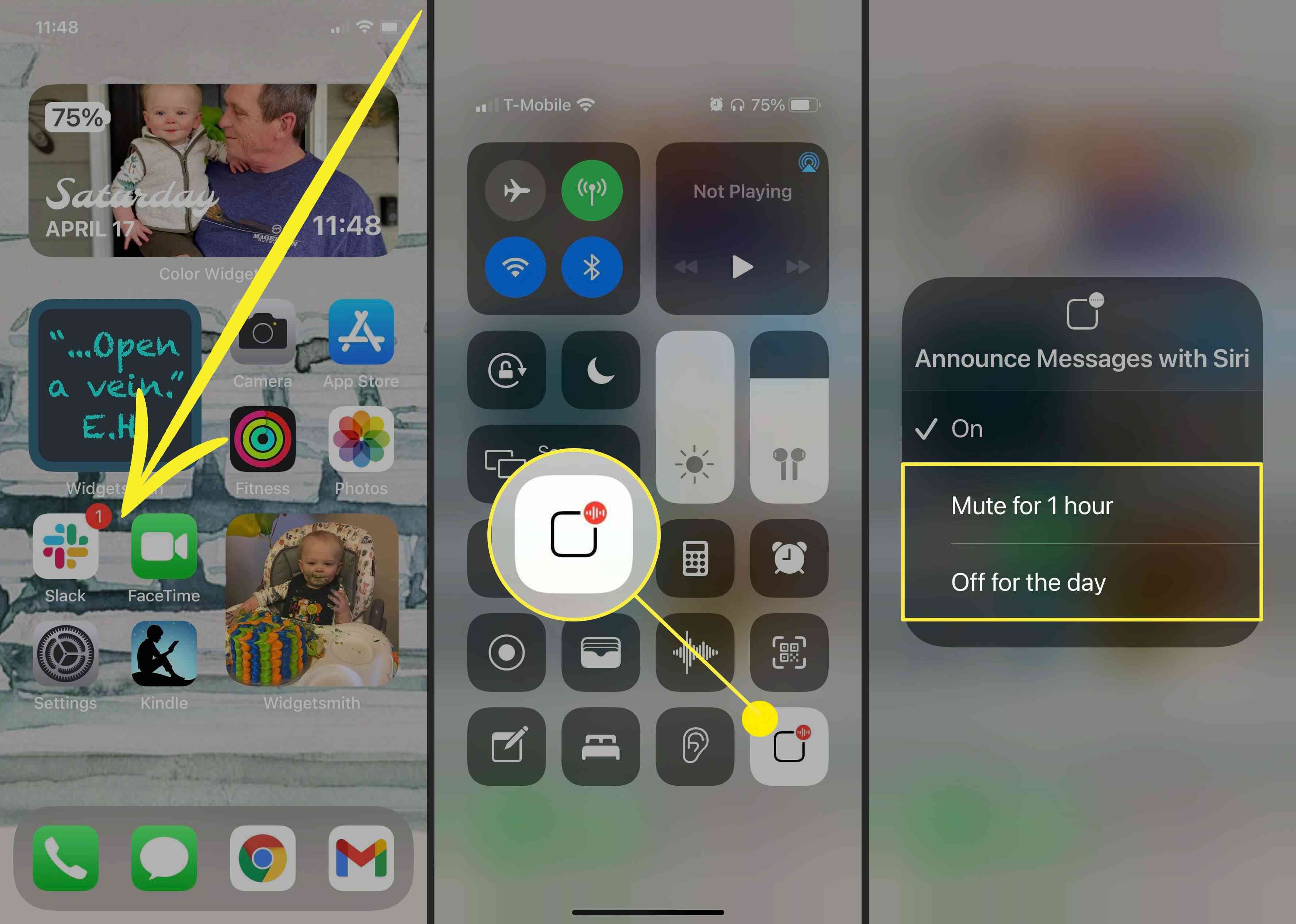 Skärmdump som visar hur du inaktiverar alternativet Meddela meddelanden med Siri på iPhone med hjälp av Kontrollcenter.