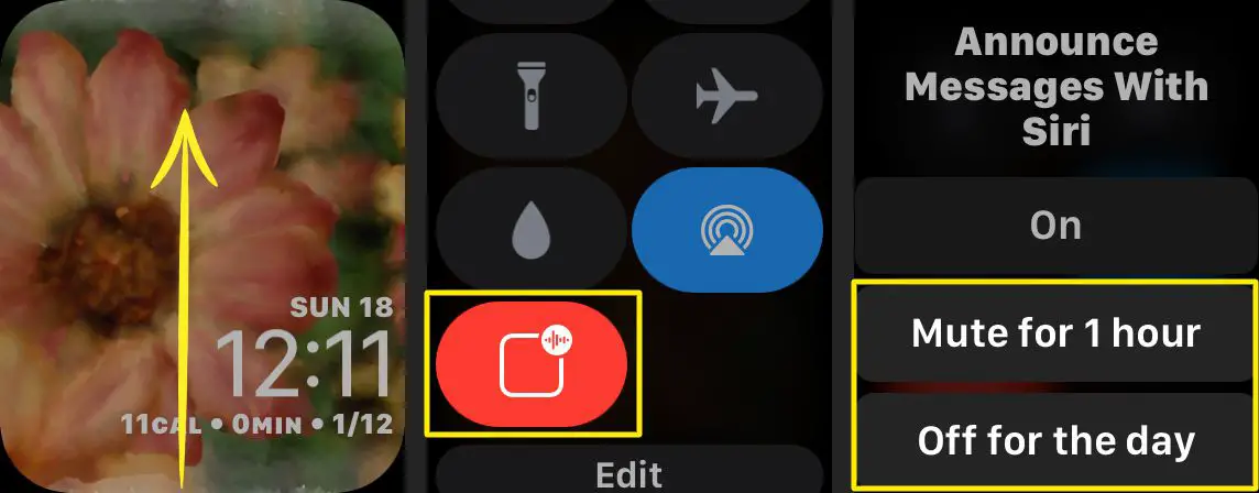 Skärmdumpar som visar hur du inaktiverar Meddela meddelanden med Siri från Apple Watch. 