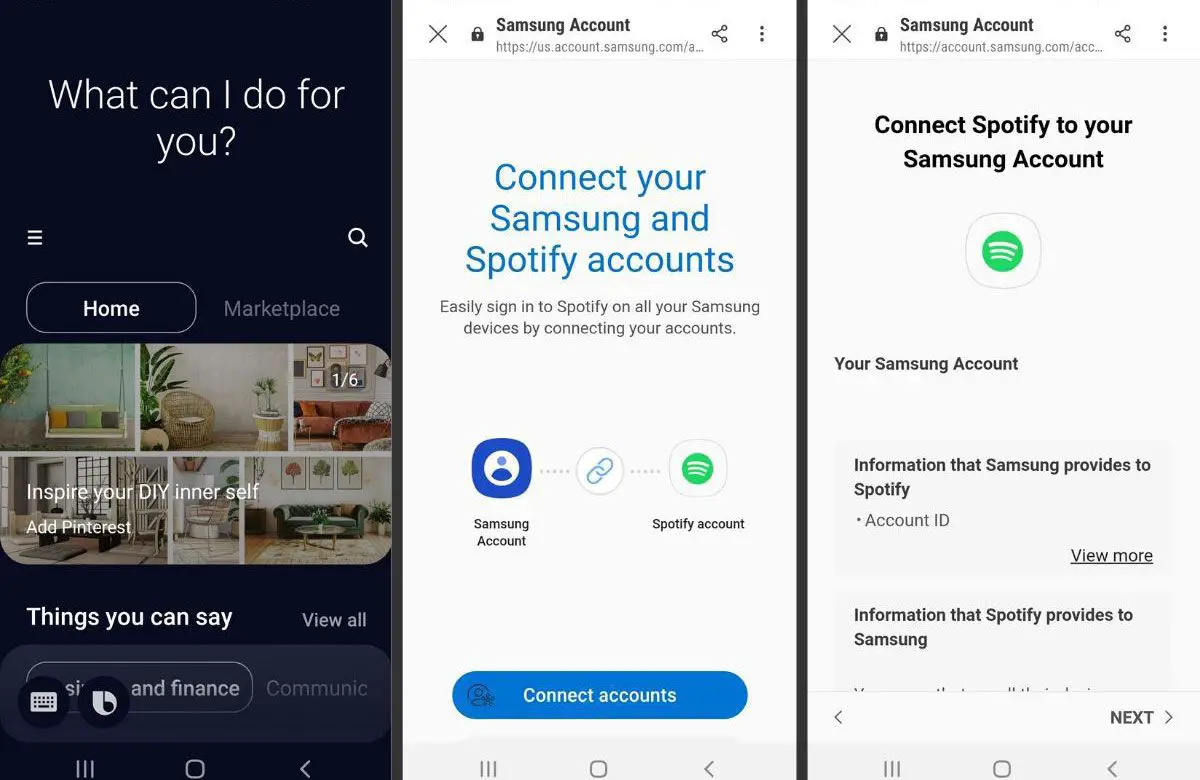 Skärmdumpar av en Samsung-telefon som visar hur man länkar Bixby och Spotify