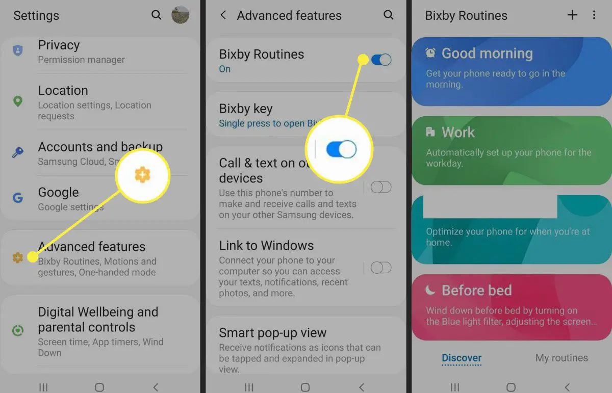 Skärmbilder av en Samsung-telefon med alternativen Avancerade funktioner och Bixby-rutiner markerade