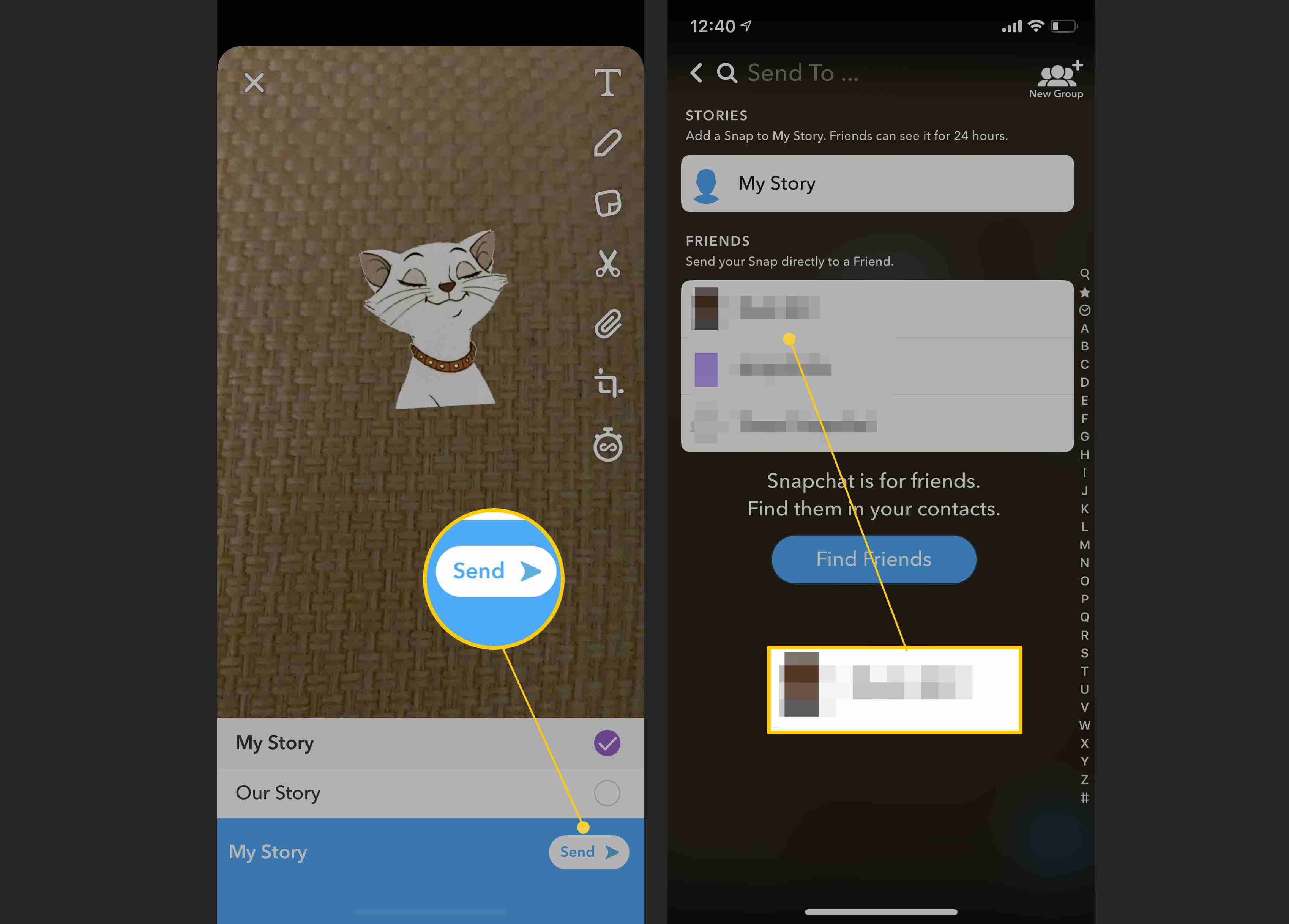 Skicka ett Snapchat-meddelande via en berättelse eller ett privat meddelande
