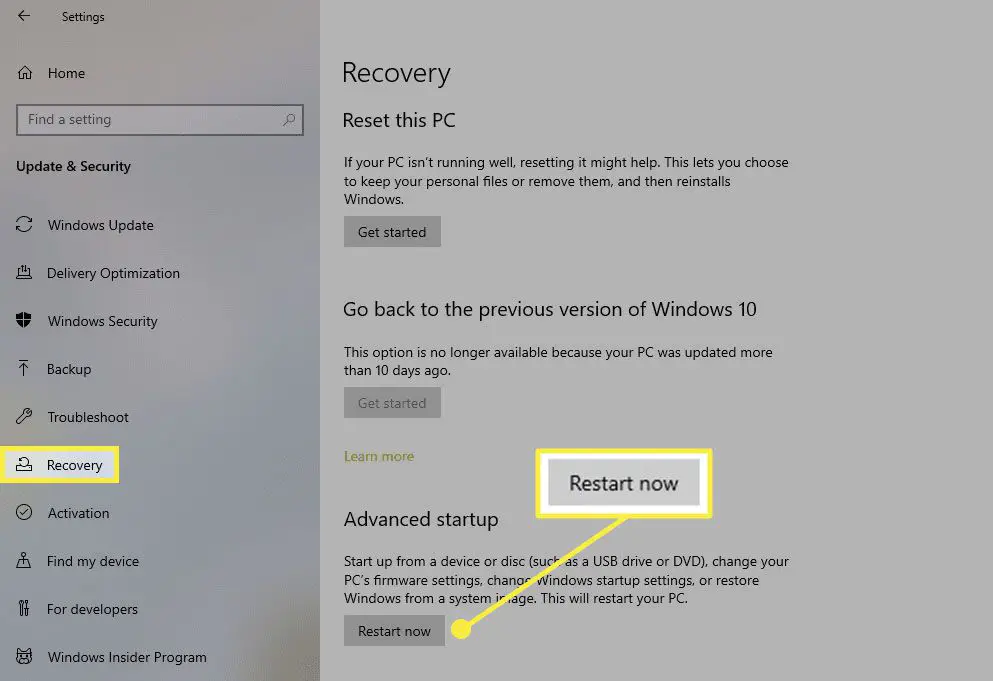 Windows 10 återställningsalternativ i Inställningar.