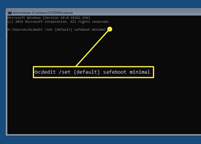 bcedit safeboot-kommando i Windows 10-kommandotolken.