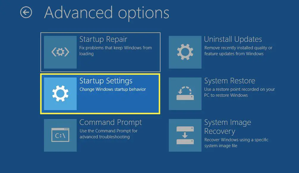 Windows 10 Avancerade startalternativ skärm.