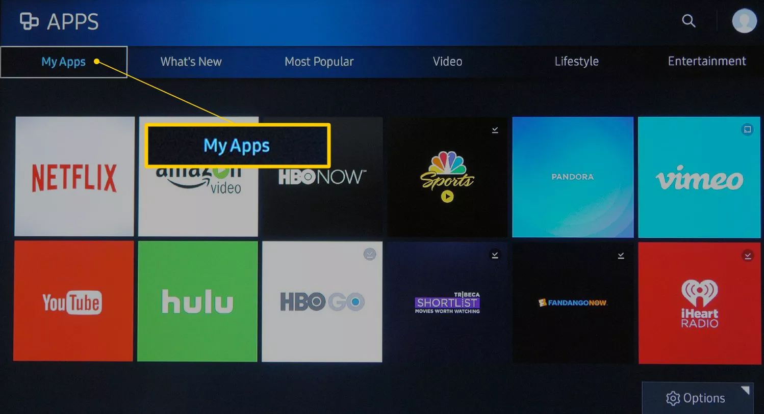 MyApps-skärmen i Samsung Smart TV App Store