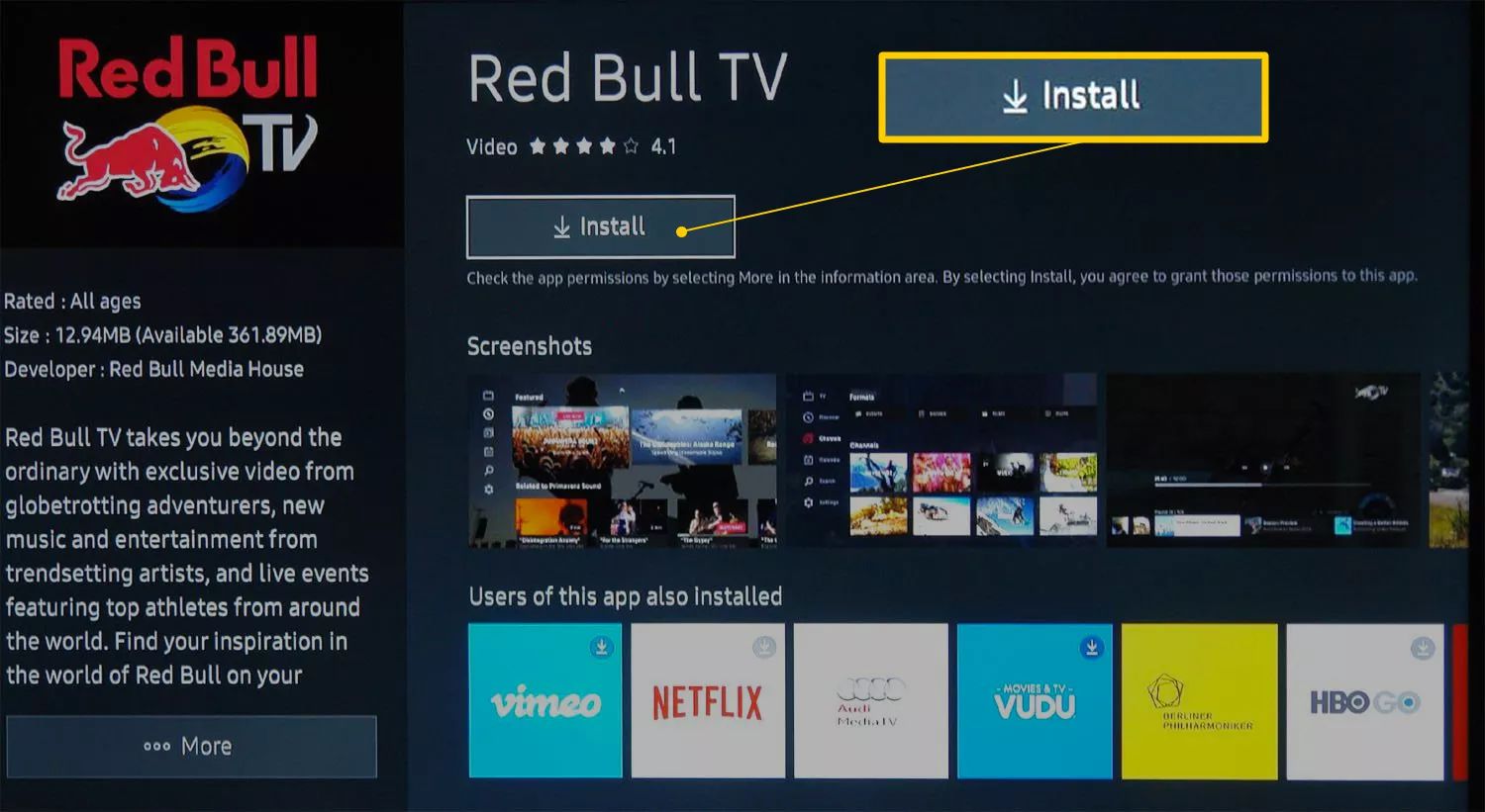 Välj Installera för att lägga till en app till Samsung Smart TV