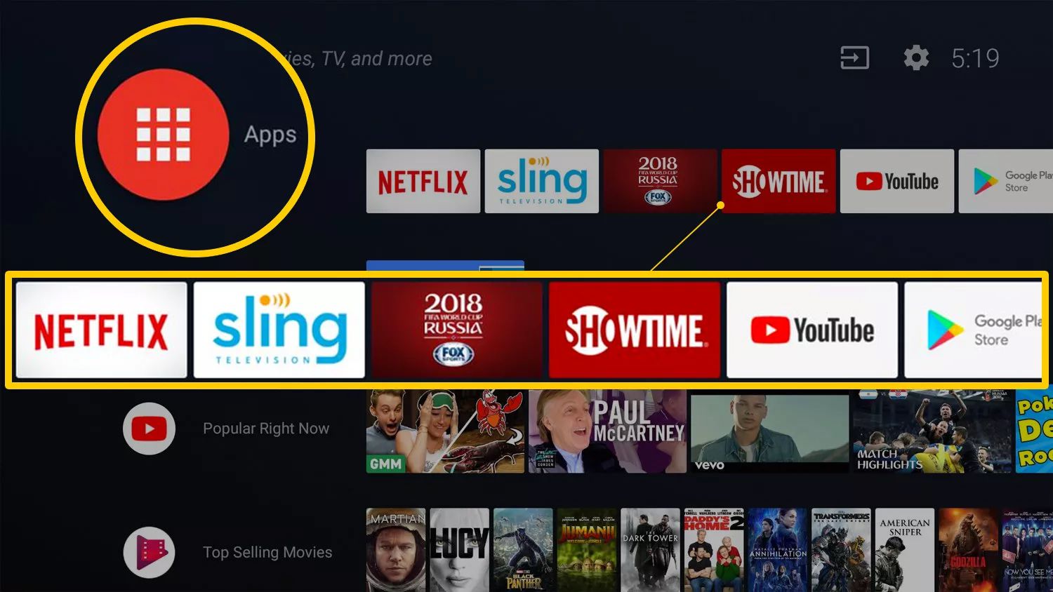 Apps-ikonen och appförslag raden på Android TV