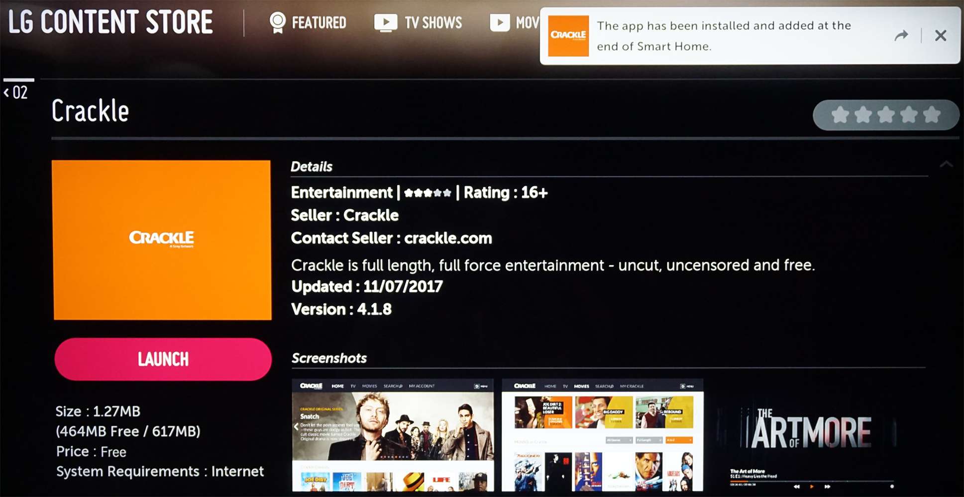 LG Content Store Crackle-appen installerad