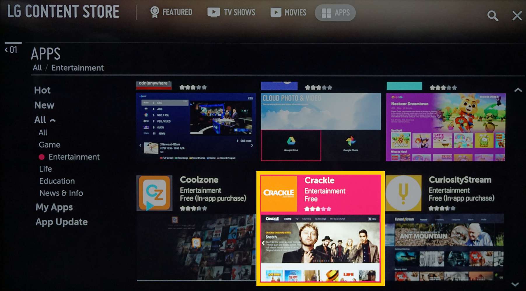 LG Content Store med Crackle-appen vald