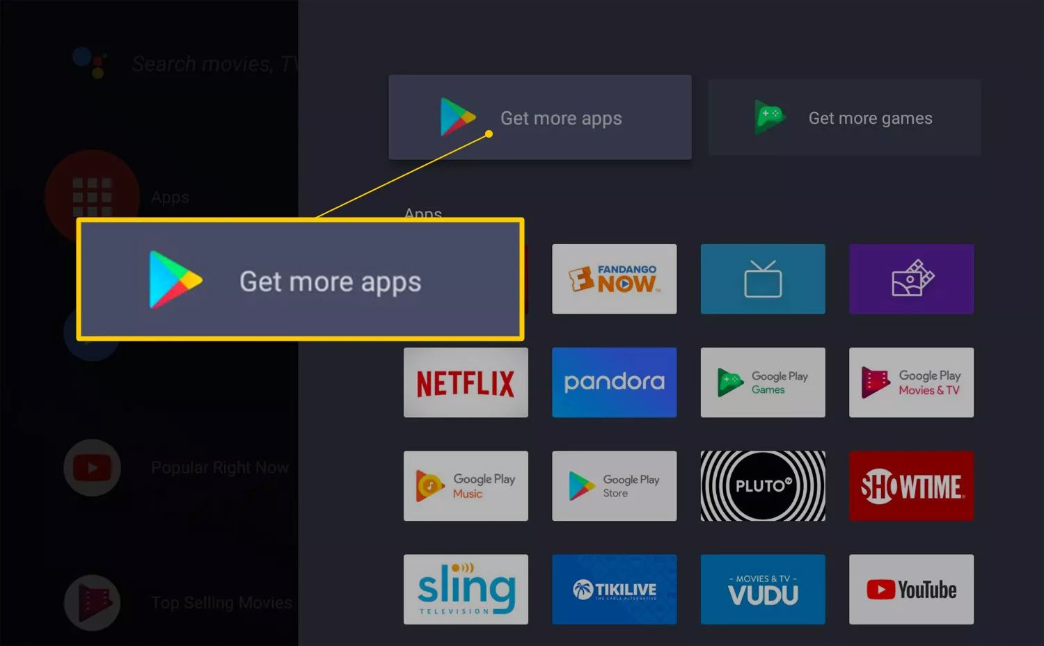 Få fler appar-knappen på Android TV