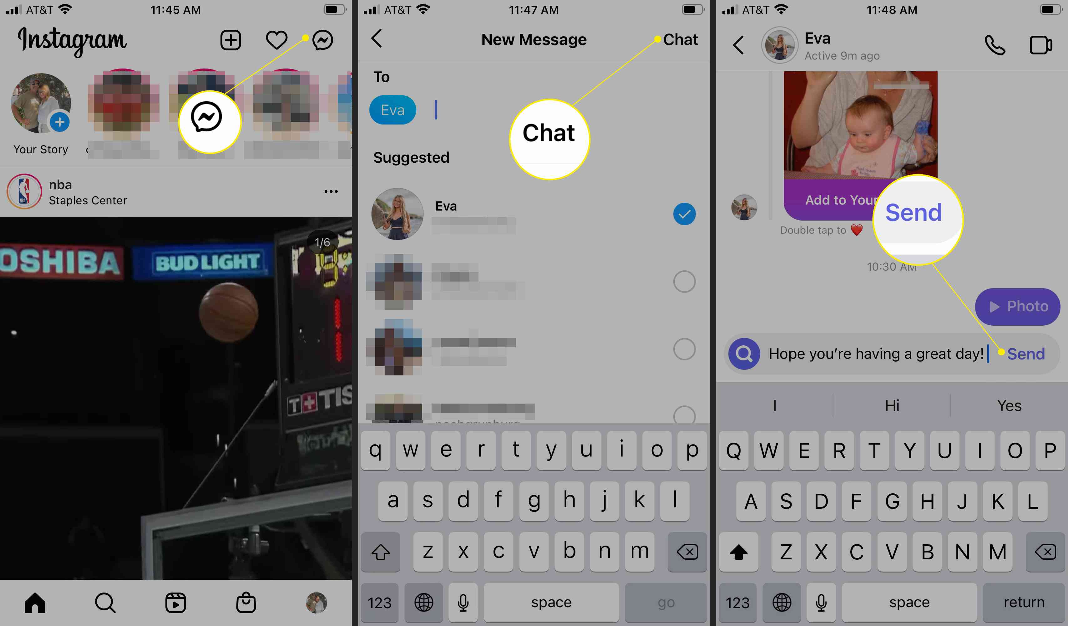 Instagram nya meddelandeprocess med Messenger-logotypen, Chatt och Skicka markerade