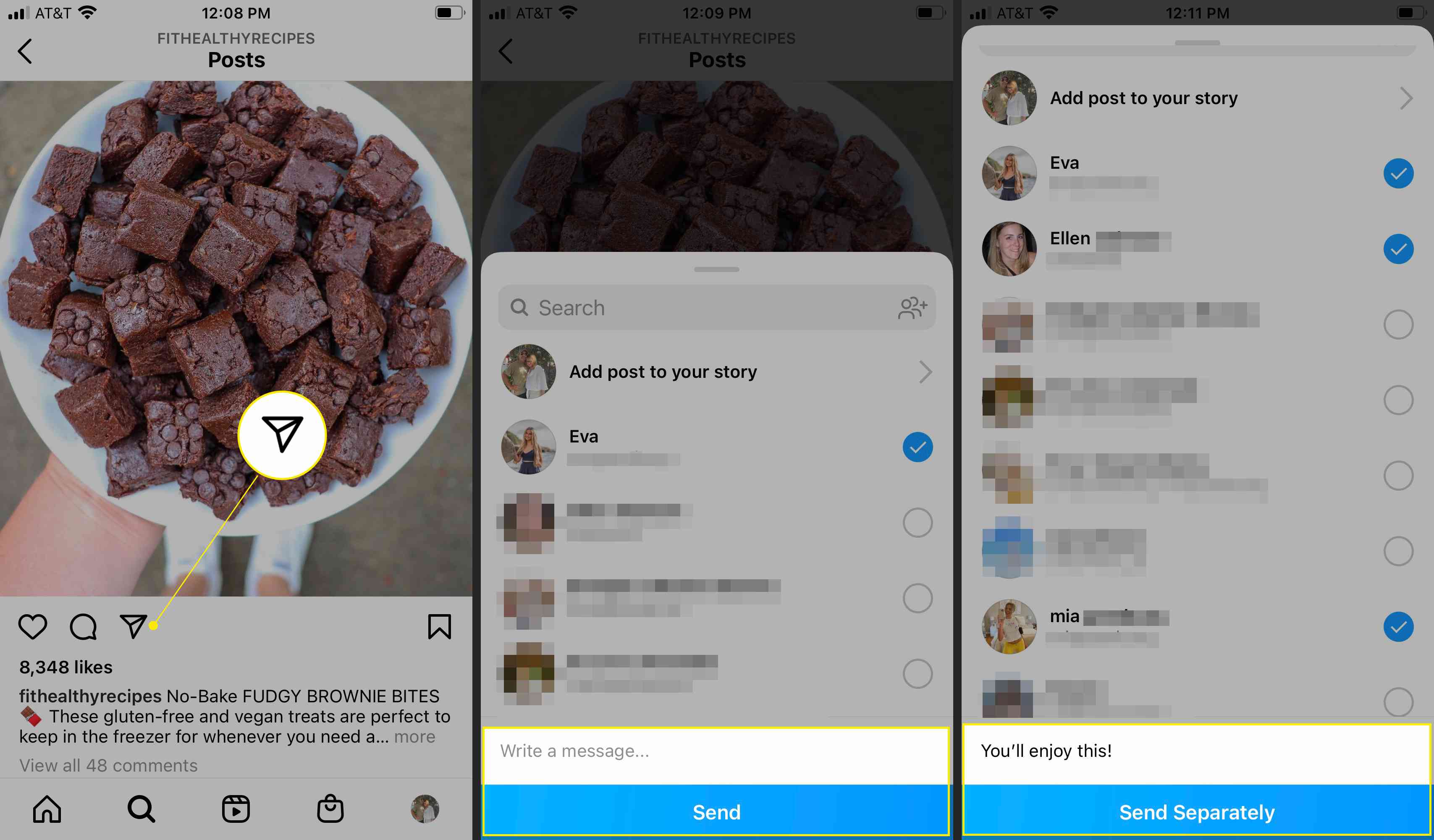Instagram med Dela-ikonen och Skicka markerad, visar hur du skickar ett inlägg