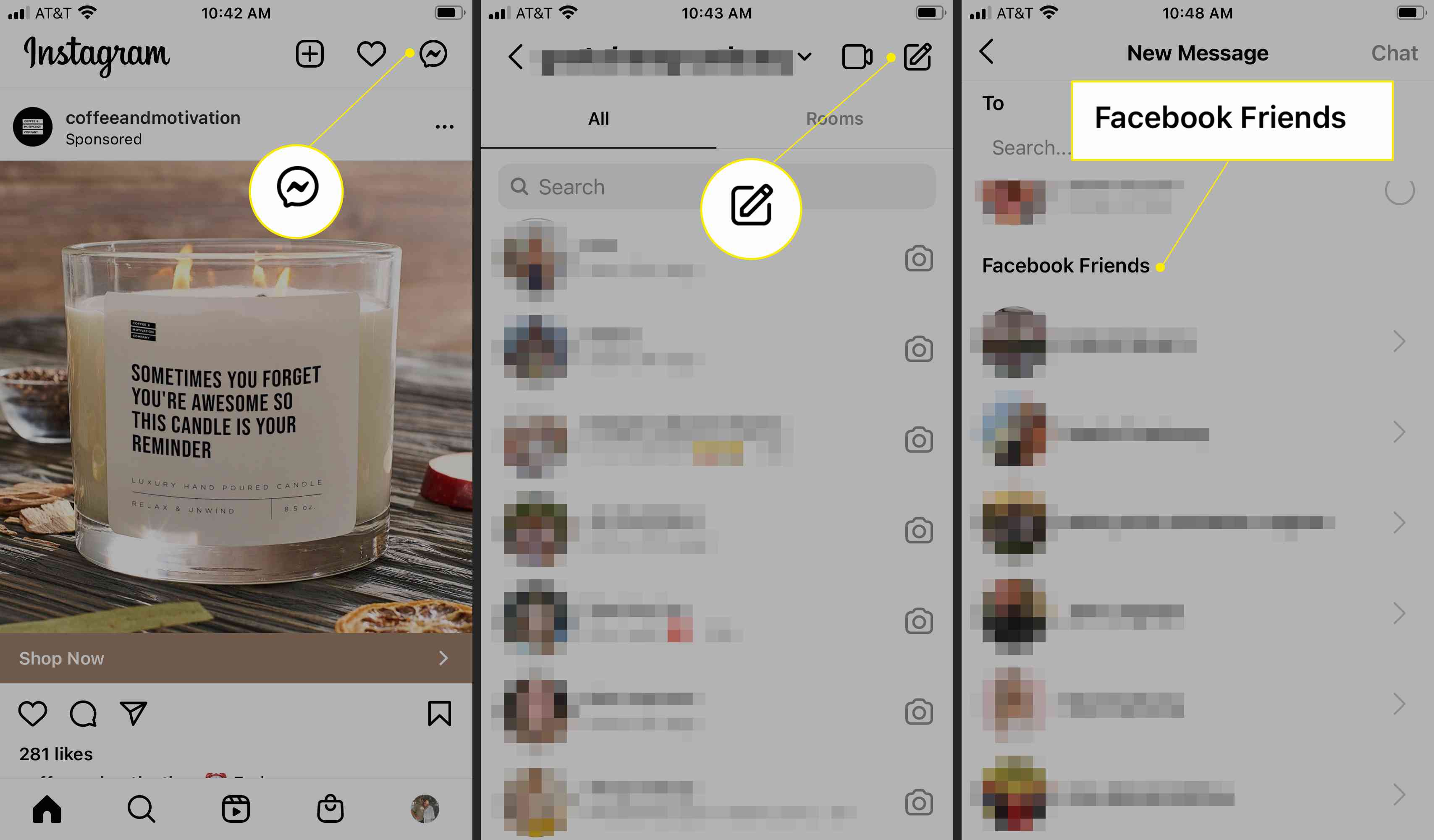 Instagram markerar Messenger-ikonen, ikonen för nytt meddelande och "Facebook-vänner"