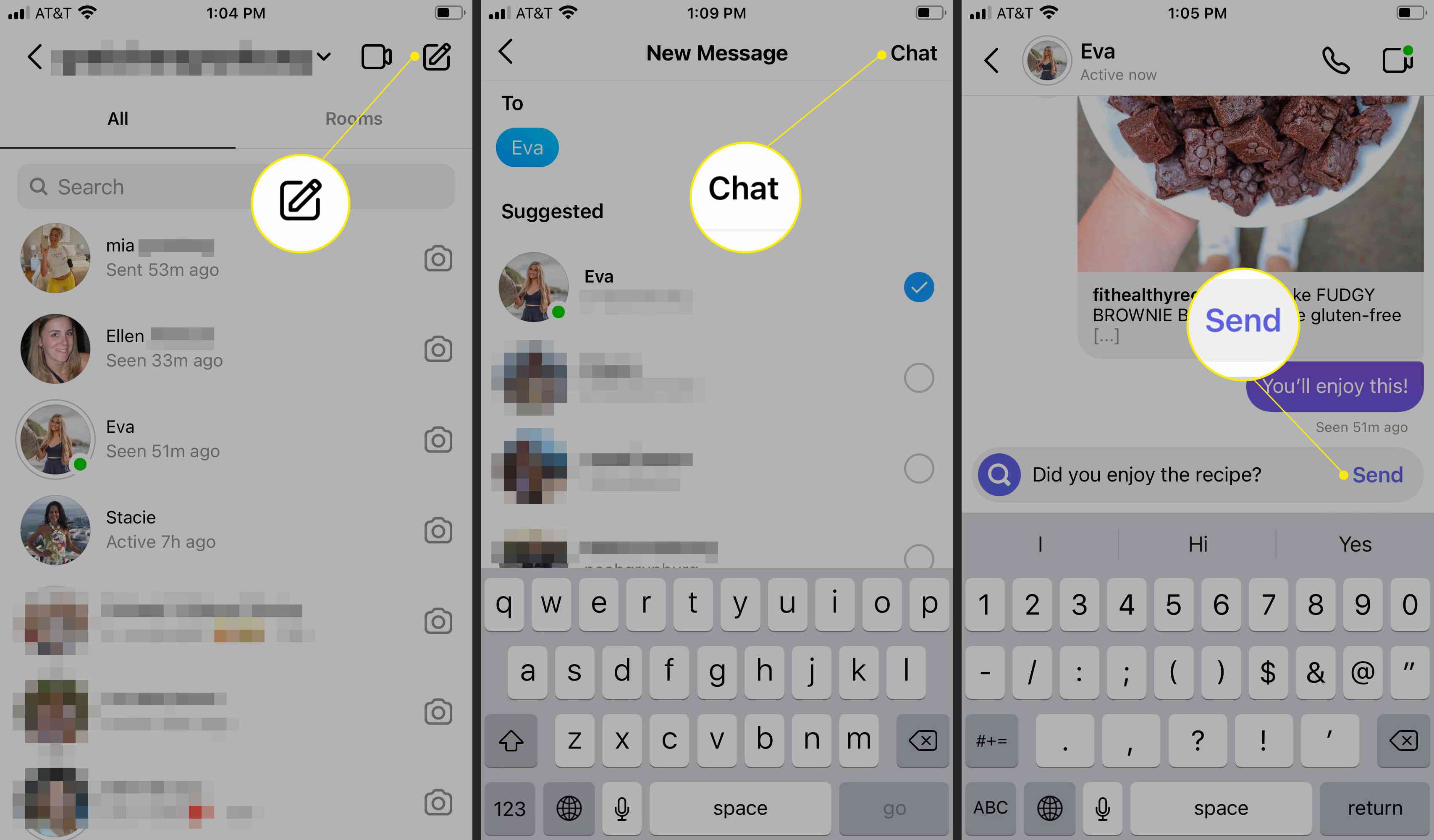 Instagramchatt med ikonen Nytt meddelande, Chatt och Skicka markerad