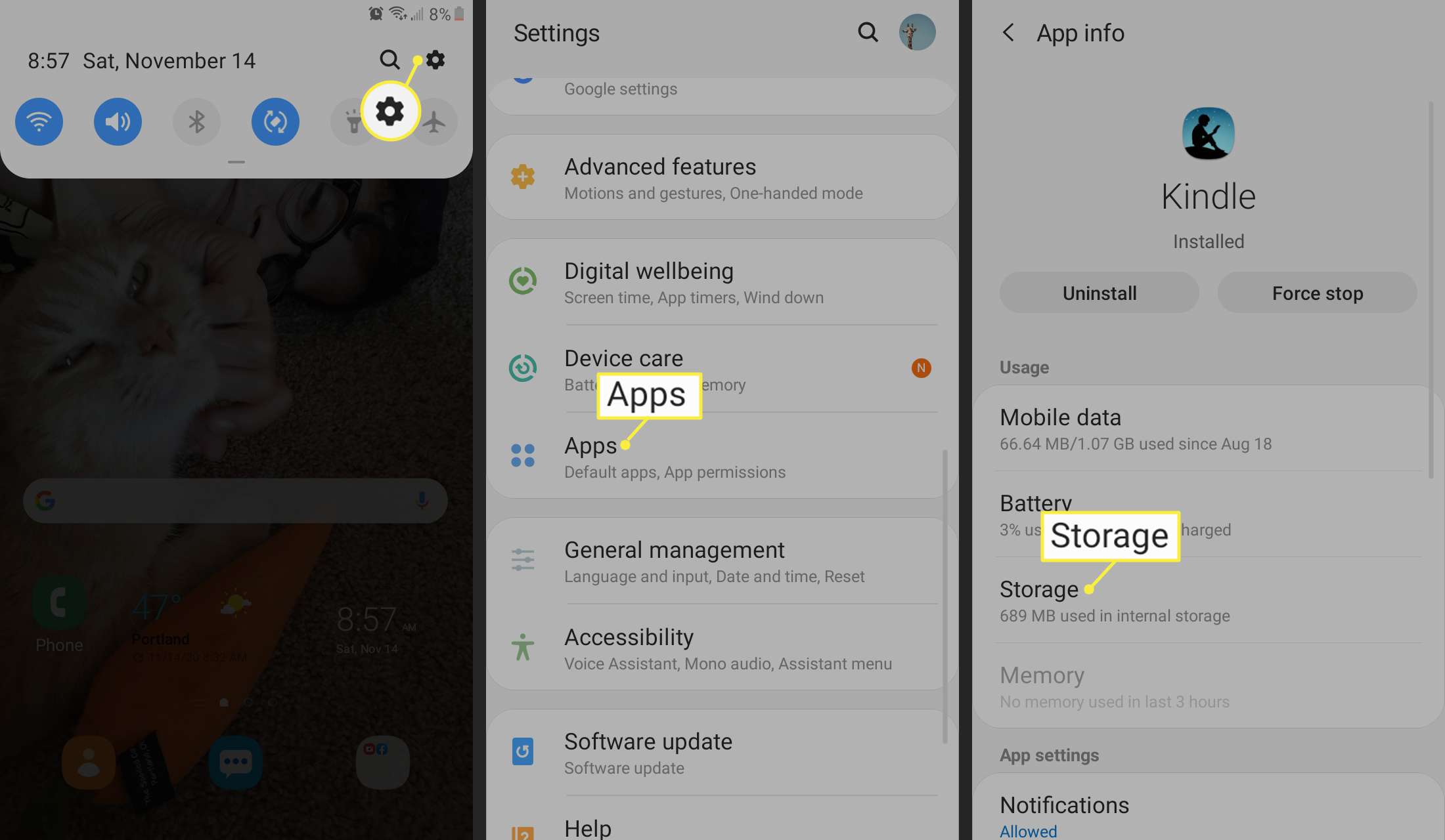Inställningar, appar och lagring på Android