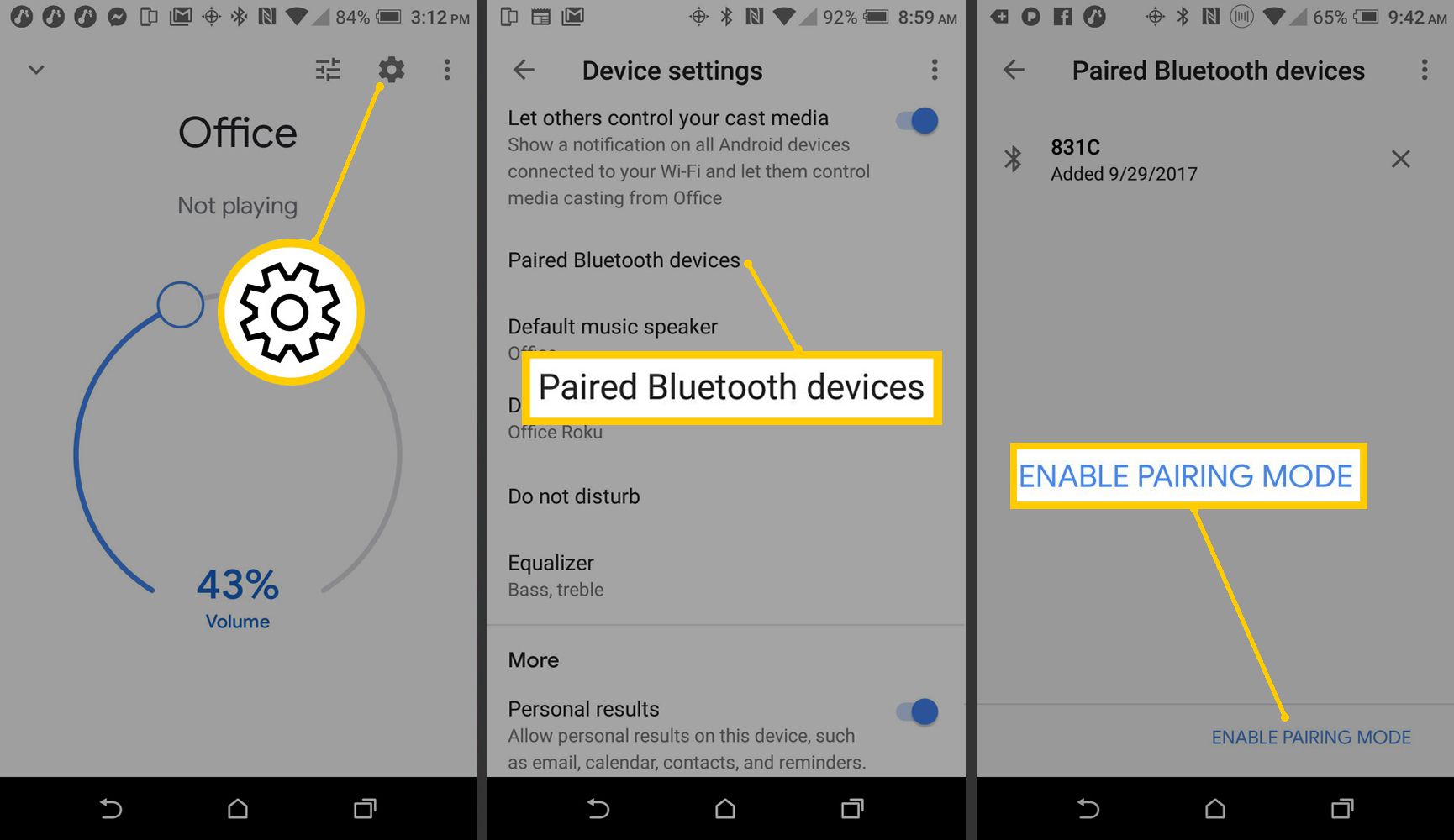 Skärmbilder av Android- och Google Home-appen för att konfigurera Bluetooth-parning.