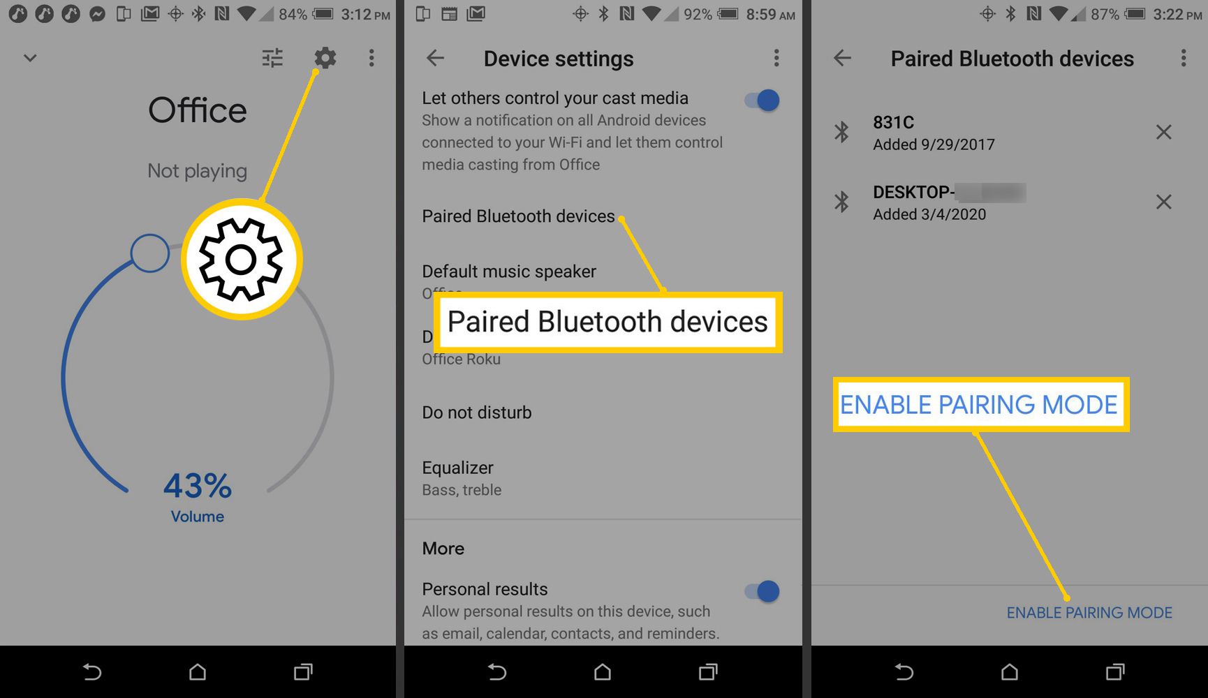 Google Home-appen - Enhetsinställningar - Para ihop Bluetooth-enheter - Aktivera ihopparning