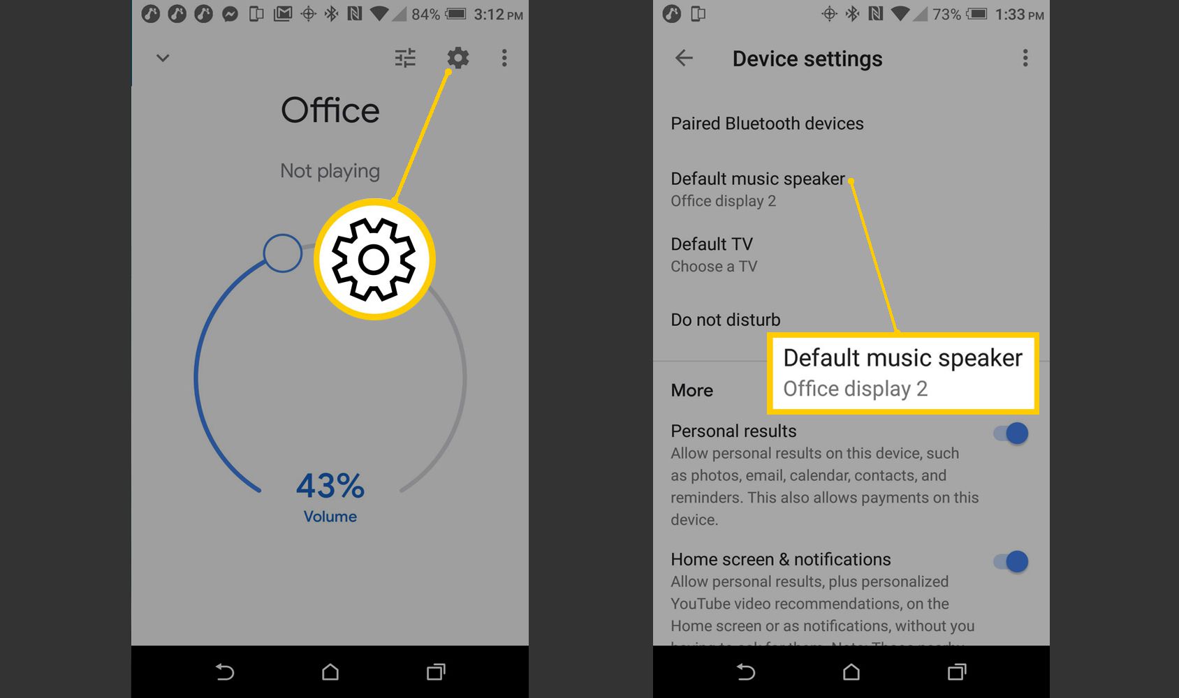 Skärmdumpar på Android för att välja en standard musikhögtalare.