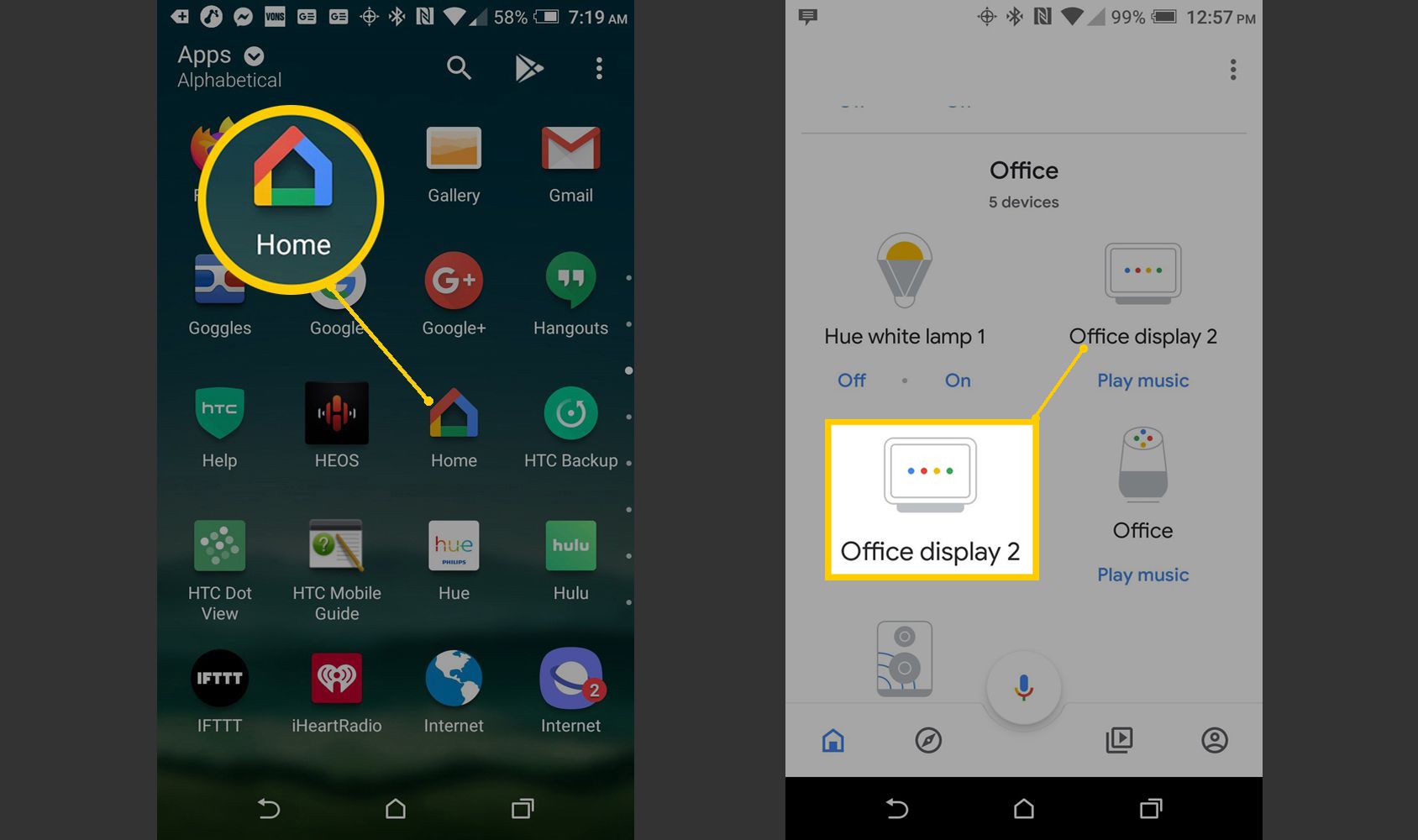 Skärmbilder på Android av Home-appens tillgängliga enheter.