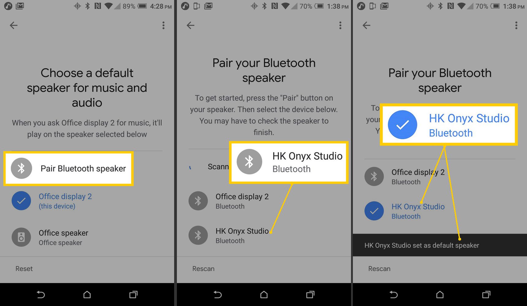 Skärmdumpar på Android av Google Home App väljer och parar Bluetooth-högtalare.