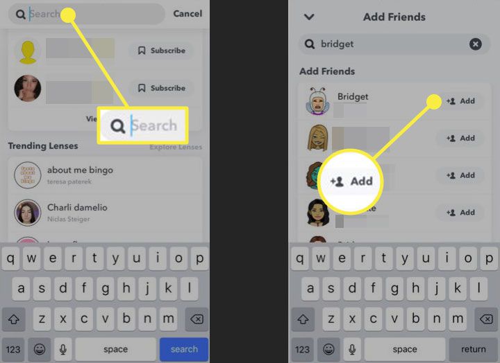 Snapchat med sökfältet och knappen Lägg till markerad