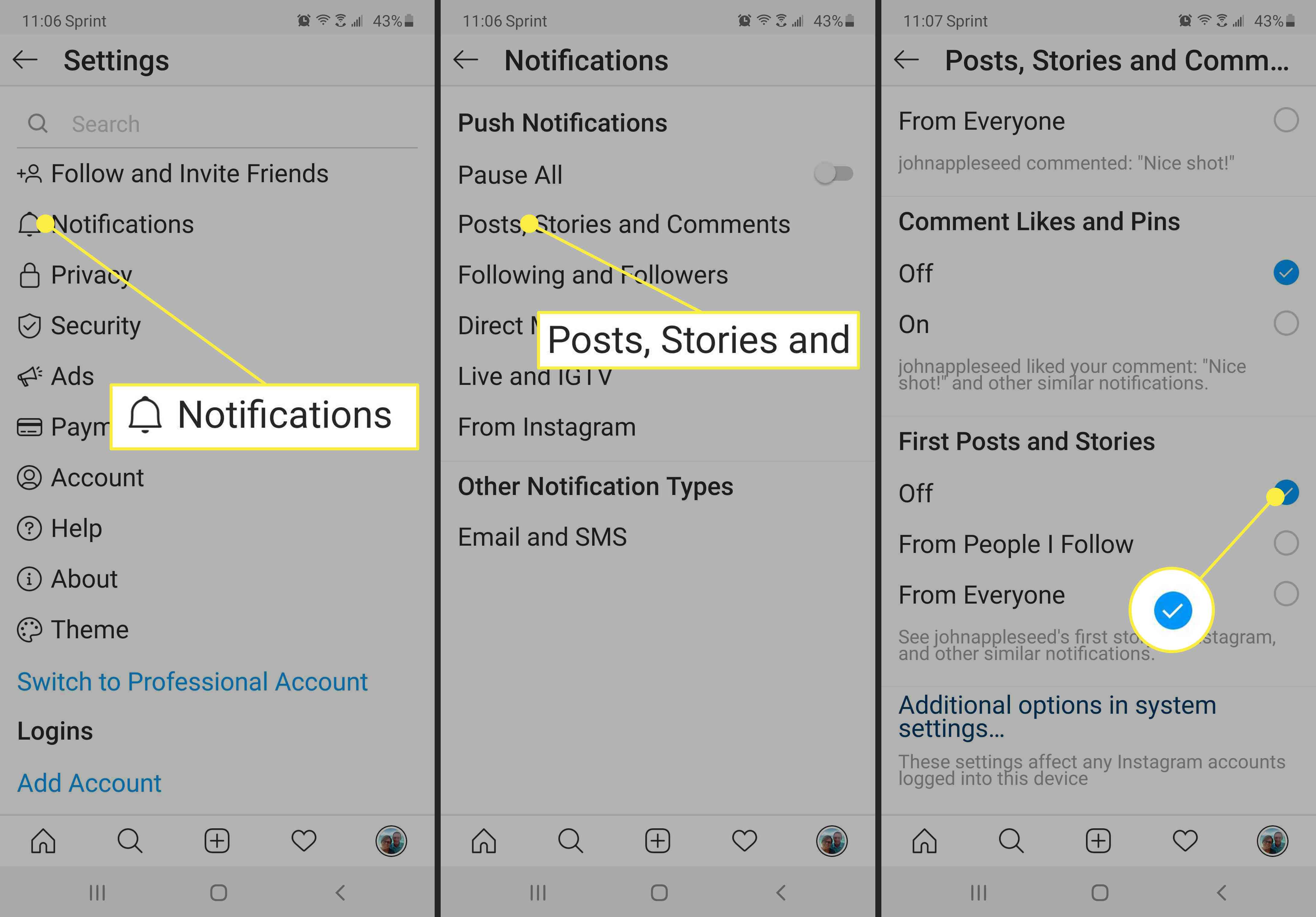 Så här stänger du av aviseringar för första inlägg och berättelser i Instagram-appen.