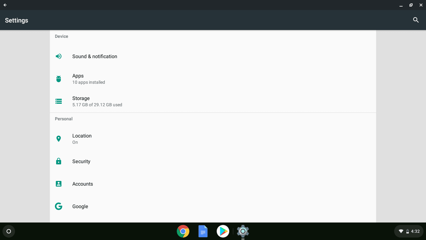 En skärmdump av inställningarna för Chromebook Android-appen.