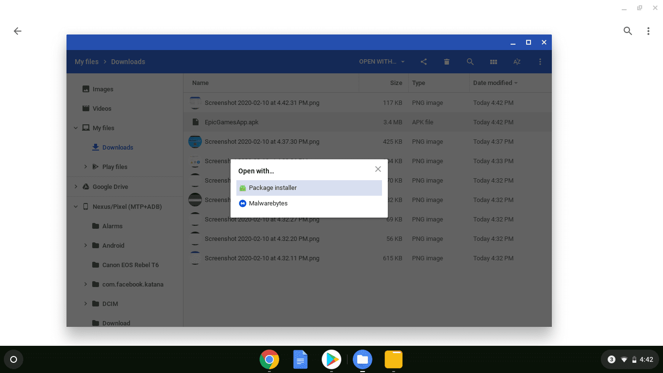 En skärmdump för att öppna en apk på en Chromebook.