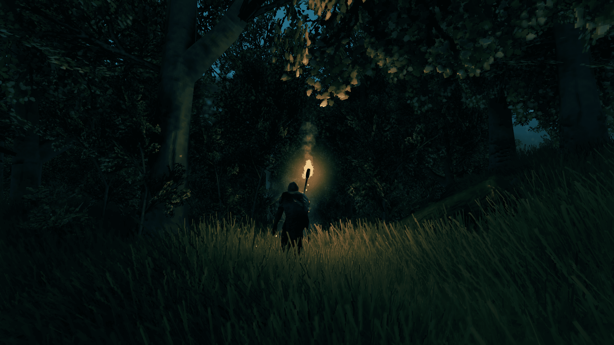 Valheim-karaktär som utforskar skogen på natten medan du håller en fackla