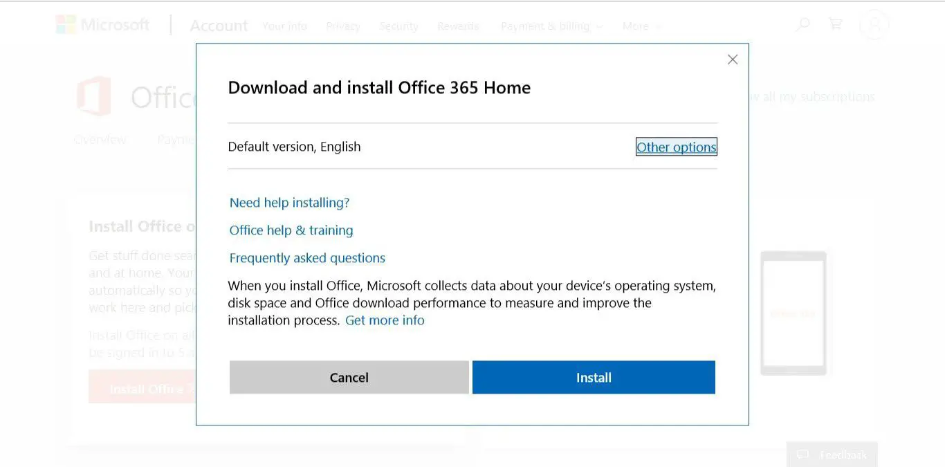 Pop-up-fönstret Ladda ner och installera Office 365 Home