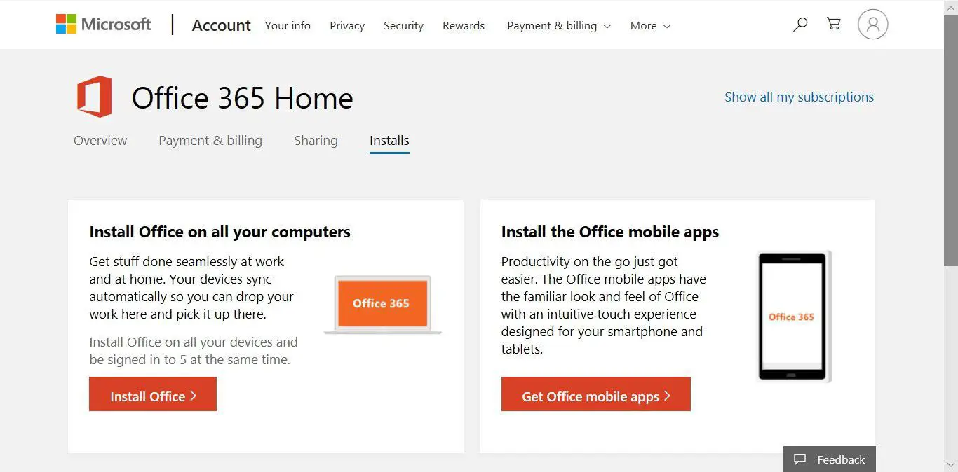 Office 365 Home-kontosidan som visar länkarna för att installera Office 365