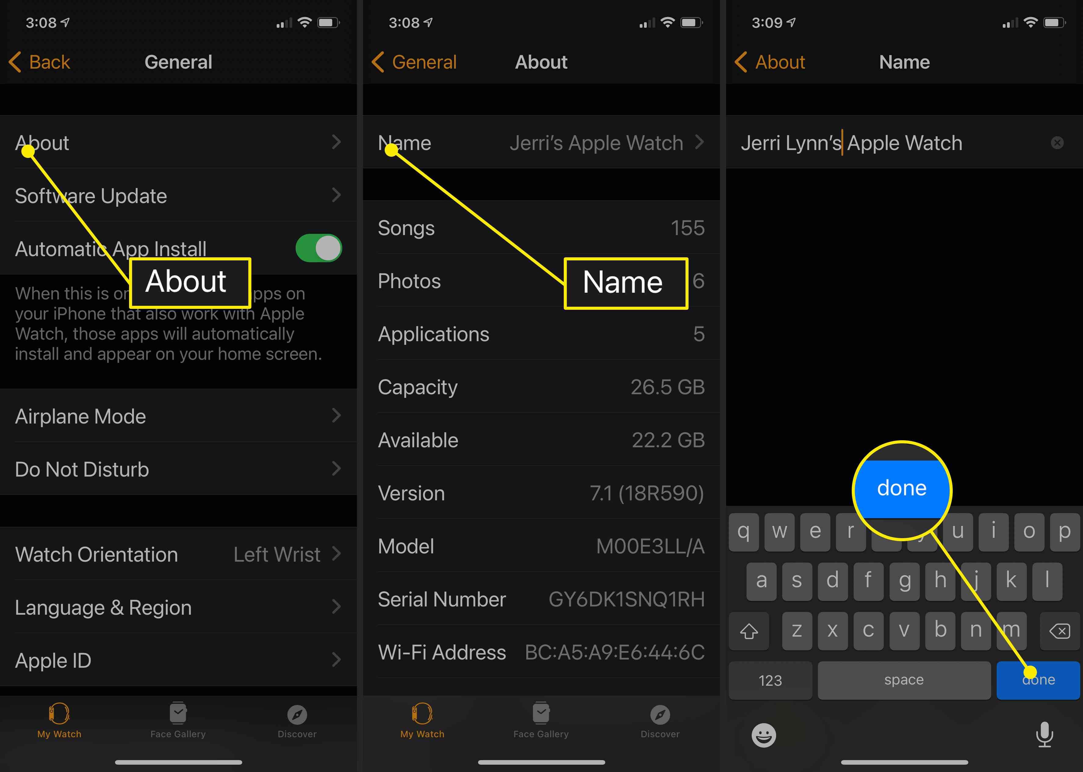 Skärmbilder som visar var och hur man ändrar namnet på en Apple Watch med Apple Watch-appen på iPhone.