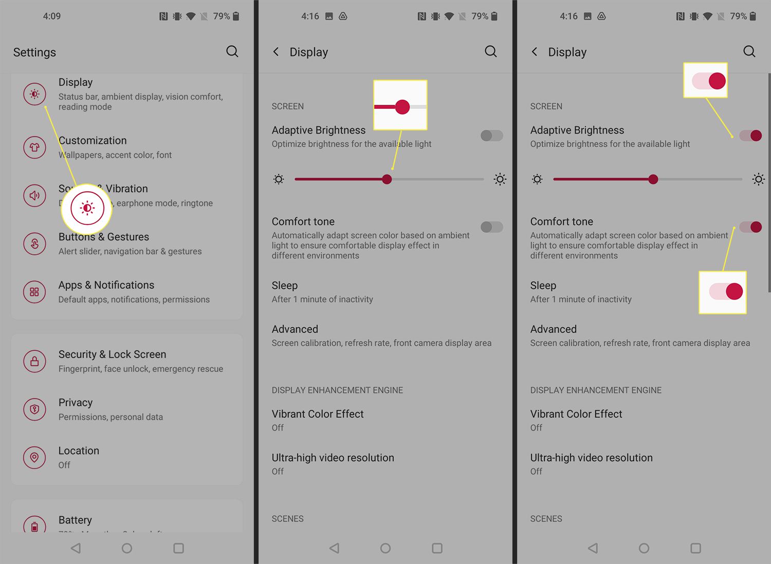 Visa inställningar för ljusstyrka på OnePlus 9-telefoner