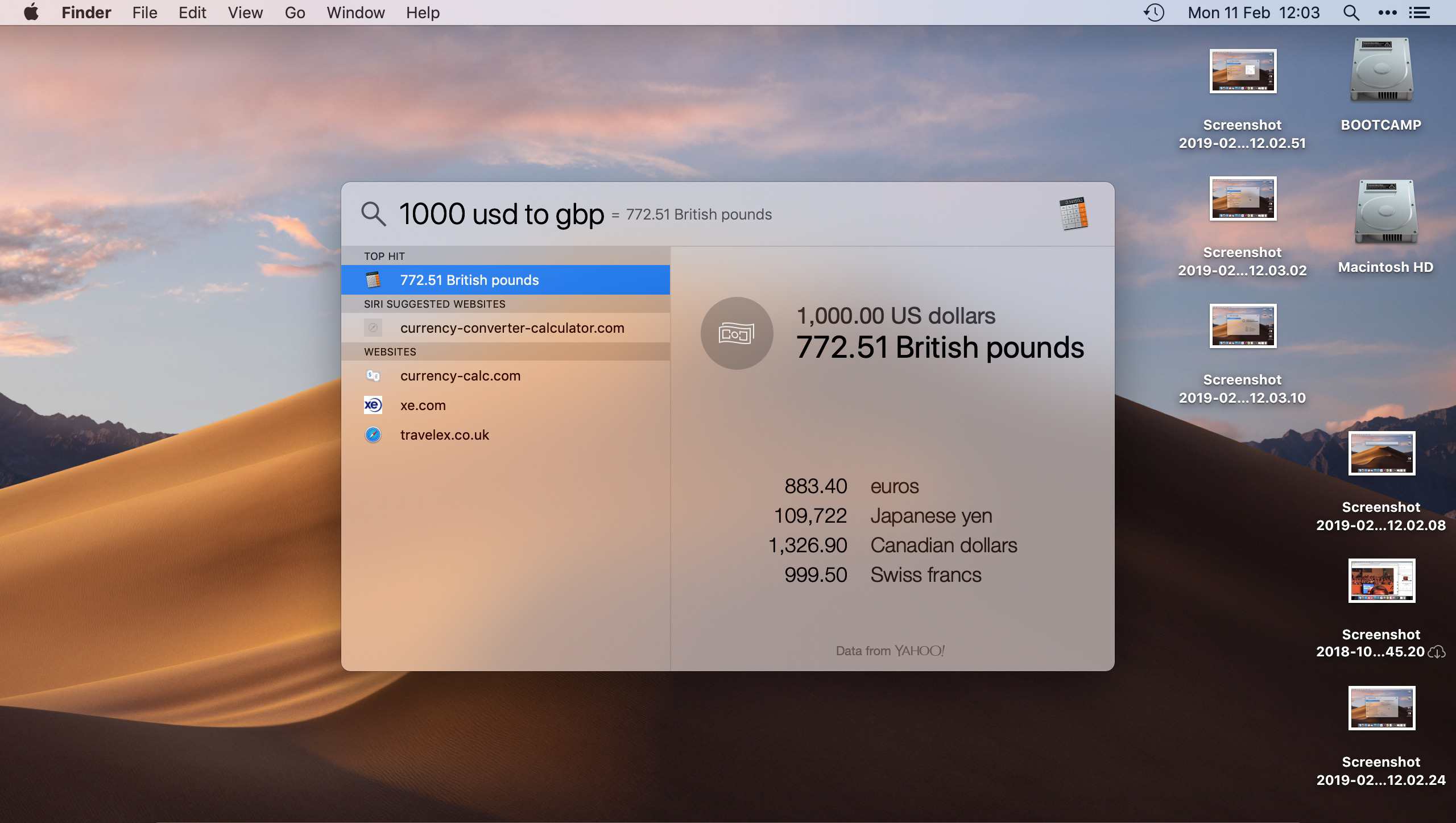 Valutakonvertering via Mac OS Spotlight Search