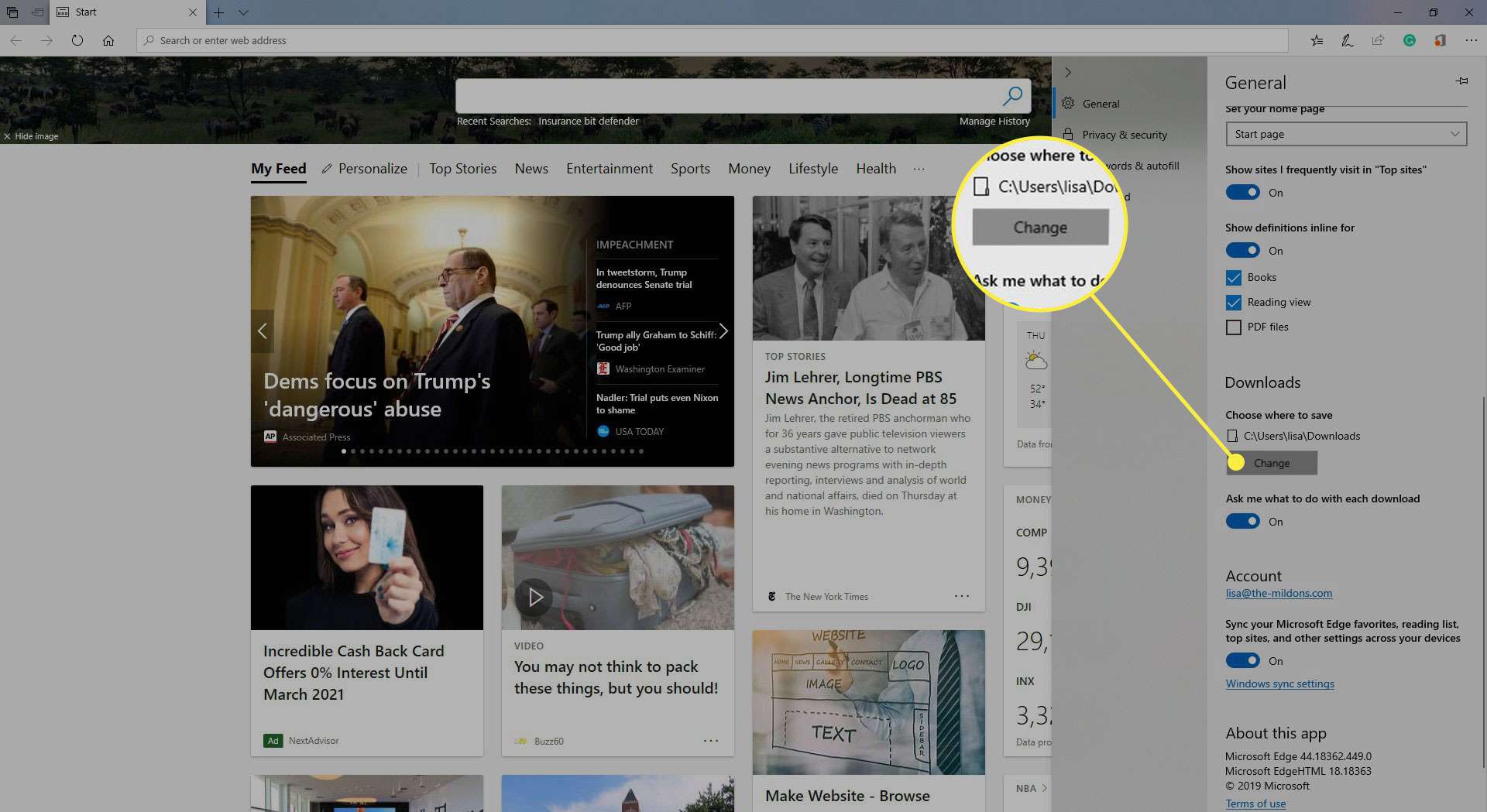 En skärmdump av Microsoft Edge-inställningar med "Ändra spara plats" knapp markerad