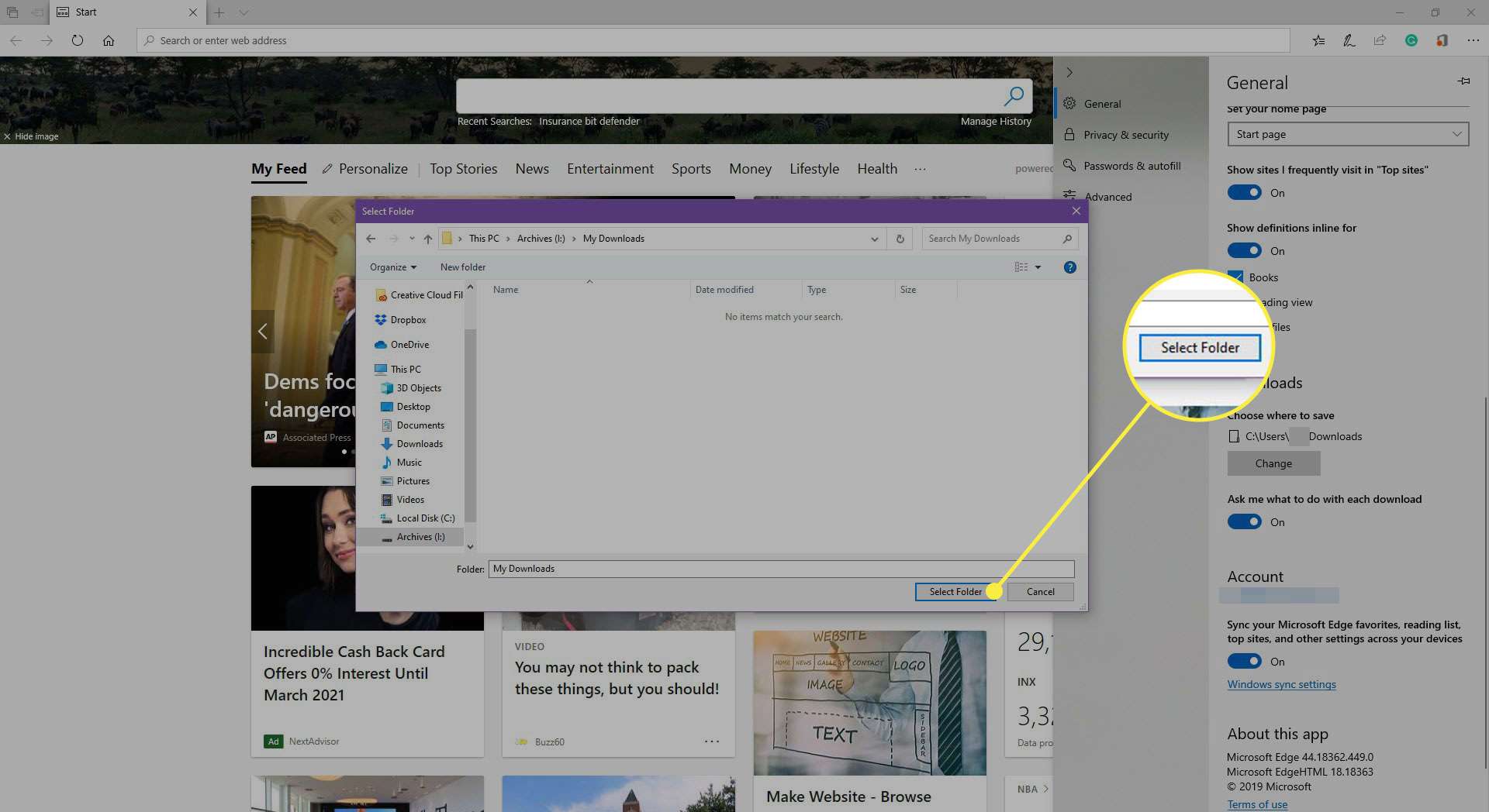 En skärmdump av Microsoft Edge med knappen Markera mapp markerad