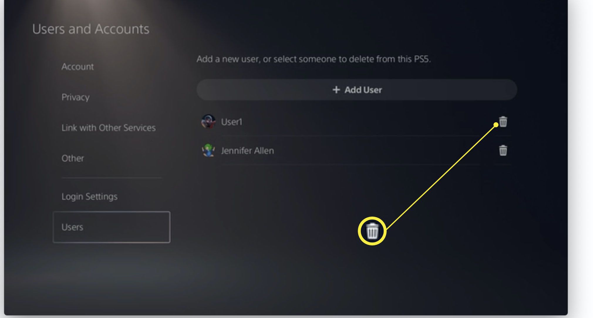 PlayStation 5-användare och konton med papperskorgen ikonen markerad bredvid ett användarnamn