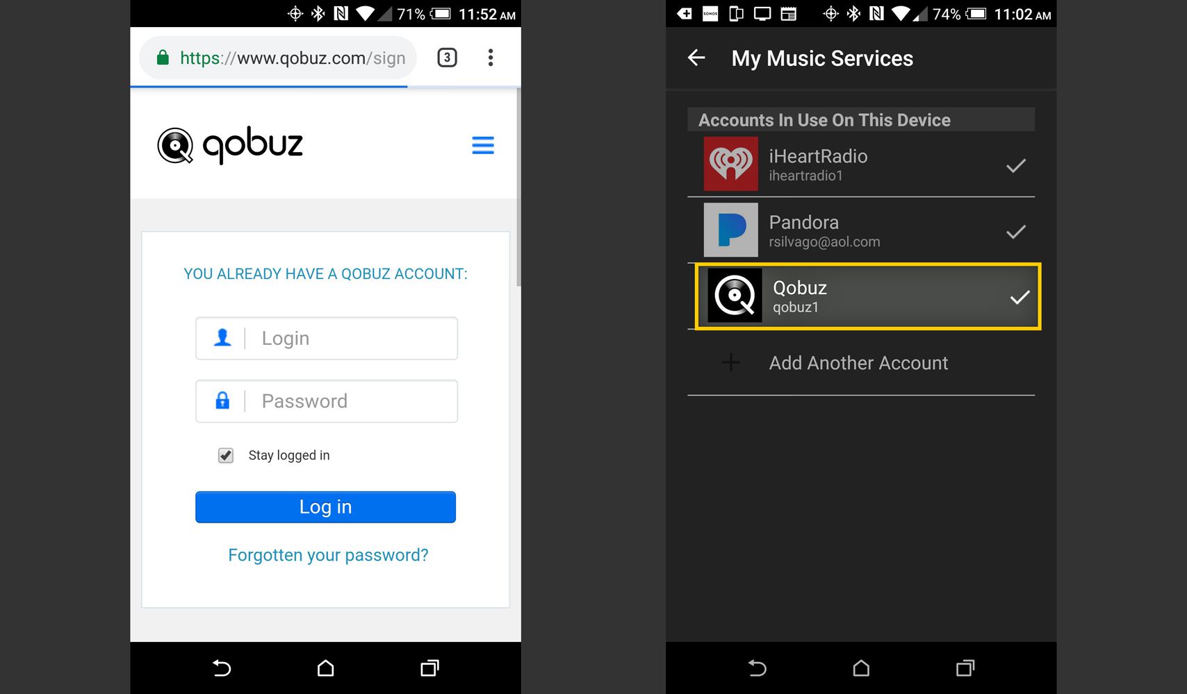 Sonos App - Inloggning och bekräftelse av Qobuz-konto