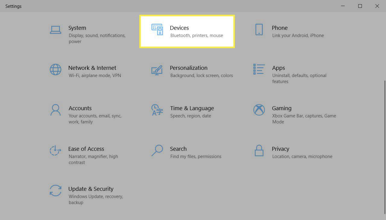 Enheter markerade i Inställningar i Windows 10.