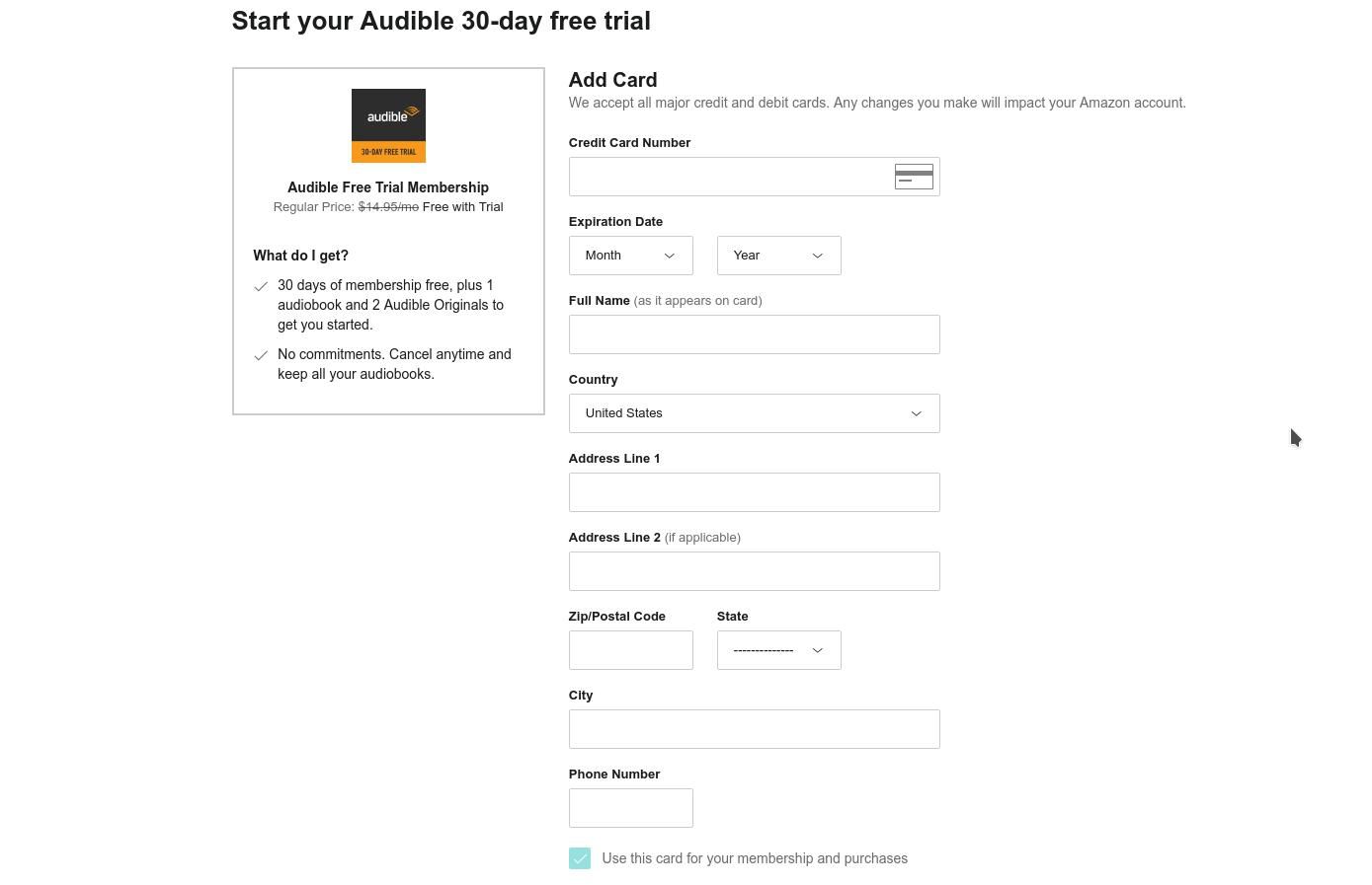 Lägg till en betalningsmetod till ditt Amazon-konto för att komma igång med Audible.