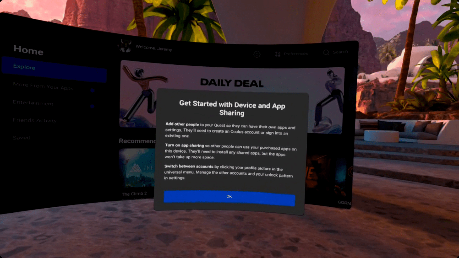 Enhets- och appdelningsmeddelandet på Oculus Quest 2.