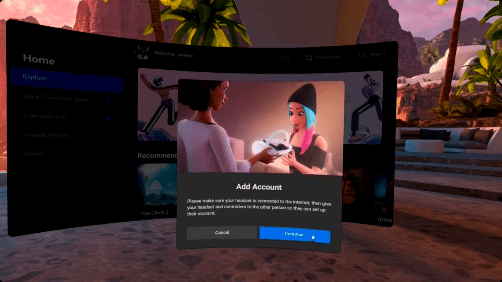 Fortsätt markerat i popup-fönstret Lägg till konto på Oculus Quest 2.