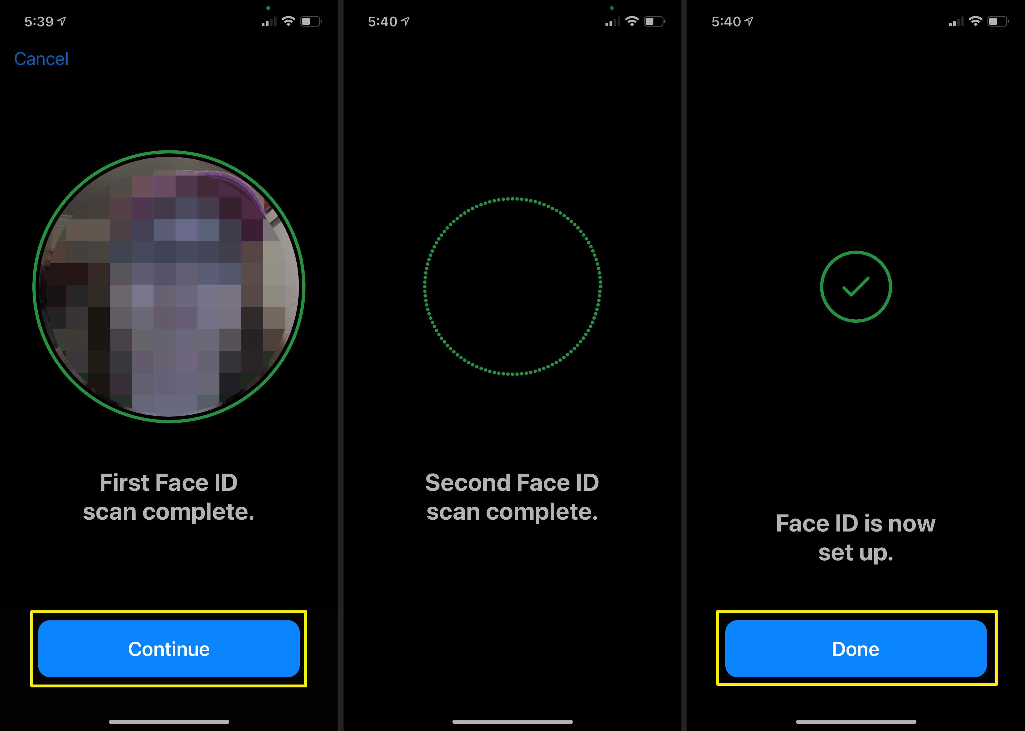 Skärmdumpar för att slutföra ansiktsskanningen för en alternativ utseende på iPhone.